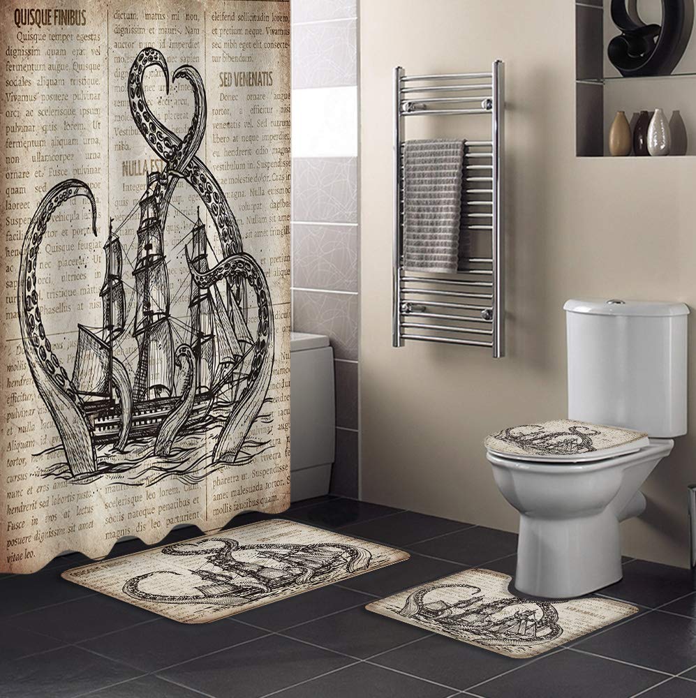 4-Piece Vintage Pirate Bathroom Set - Waterproof Newspaper Print Shower Curtain 36