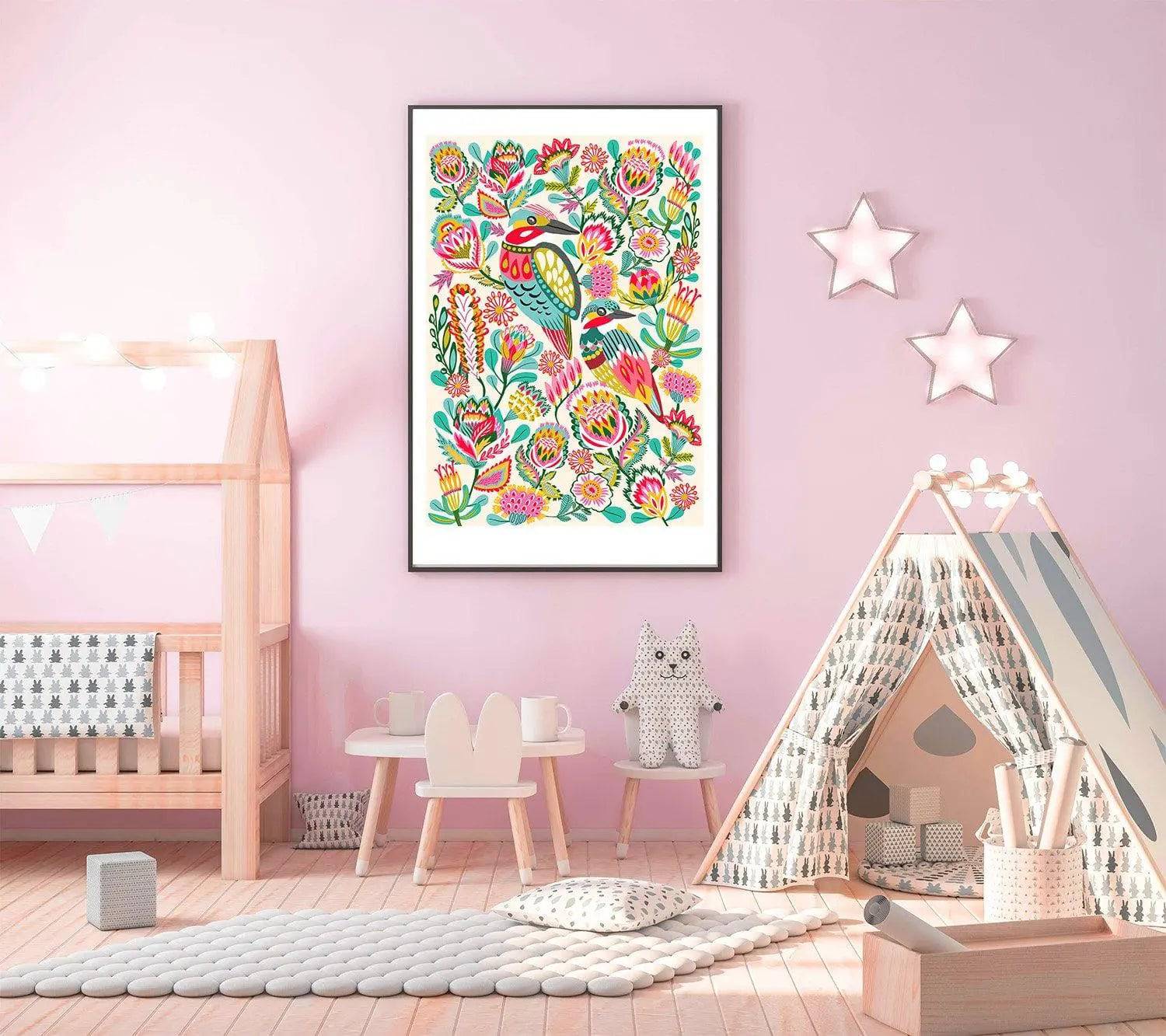 Kingfisher Birds Wall Art Print - Premium Cream Color Home Decor for Living Room, Bedroom & Office