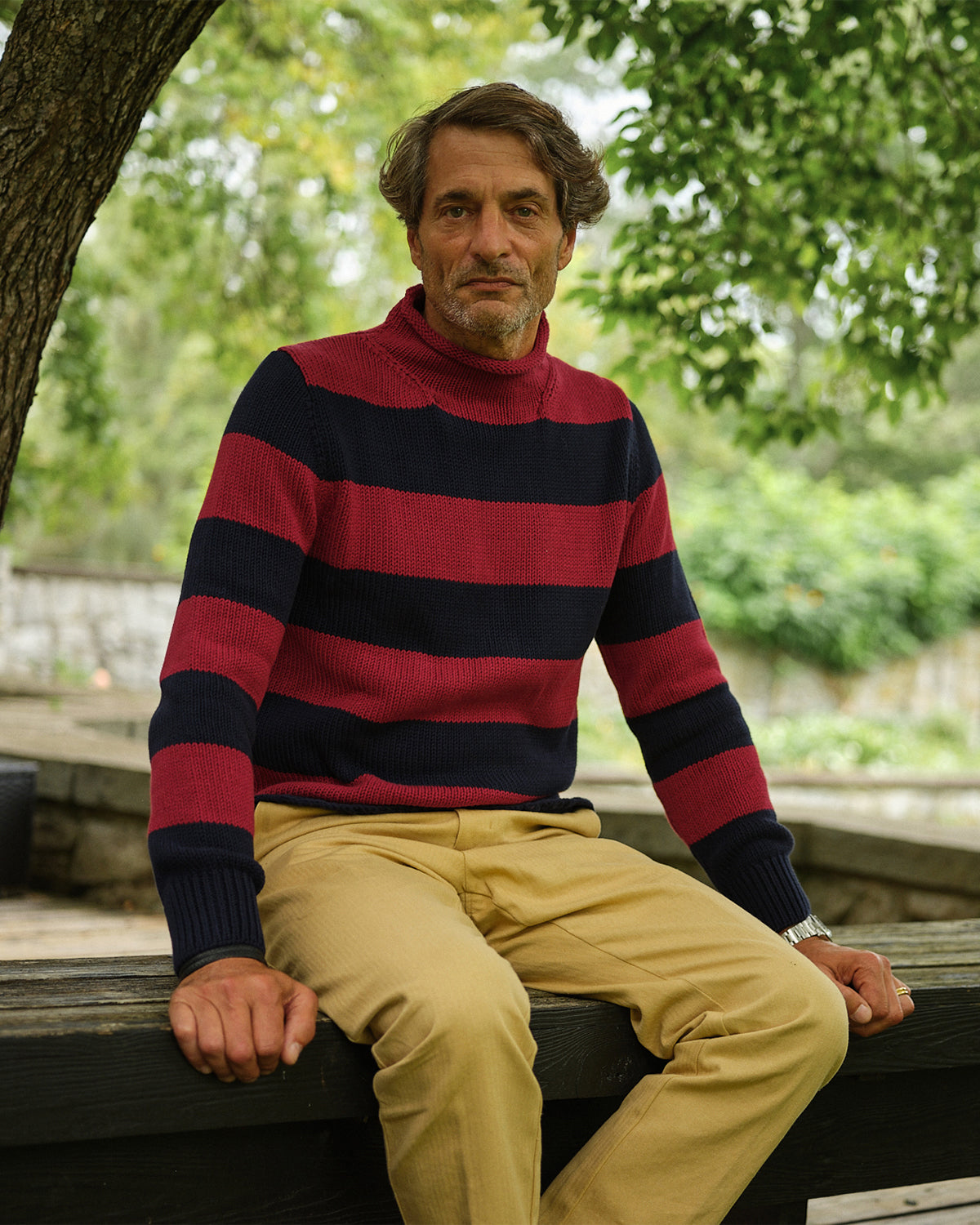 Premium Navy & Burgundy Striped Fisherman Sweater - Warm & Stylish Knit Pullover for Men - Perfect for Outdoor Adventures & Casual Wear