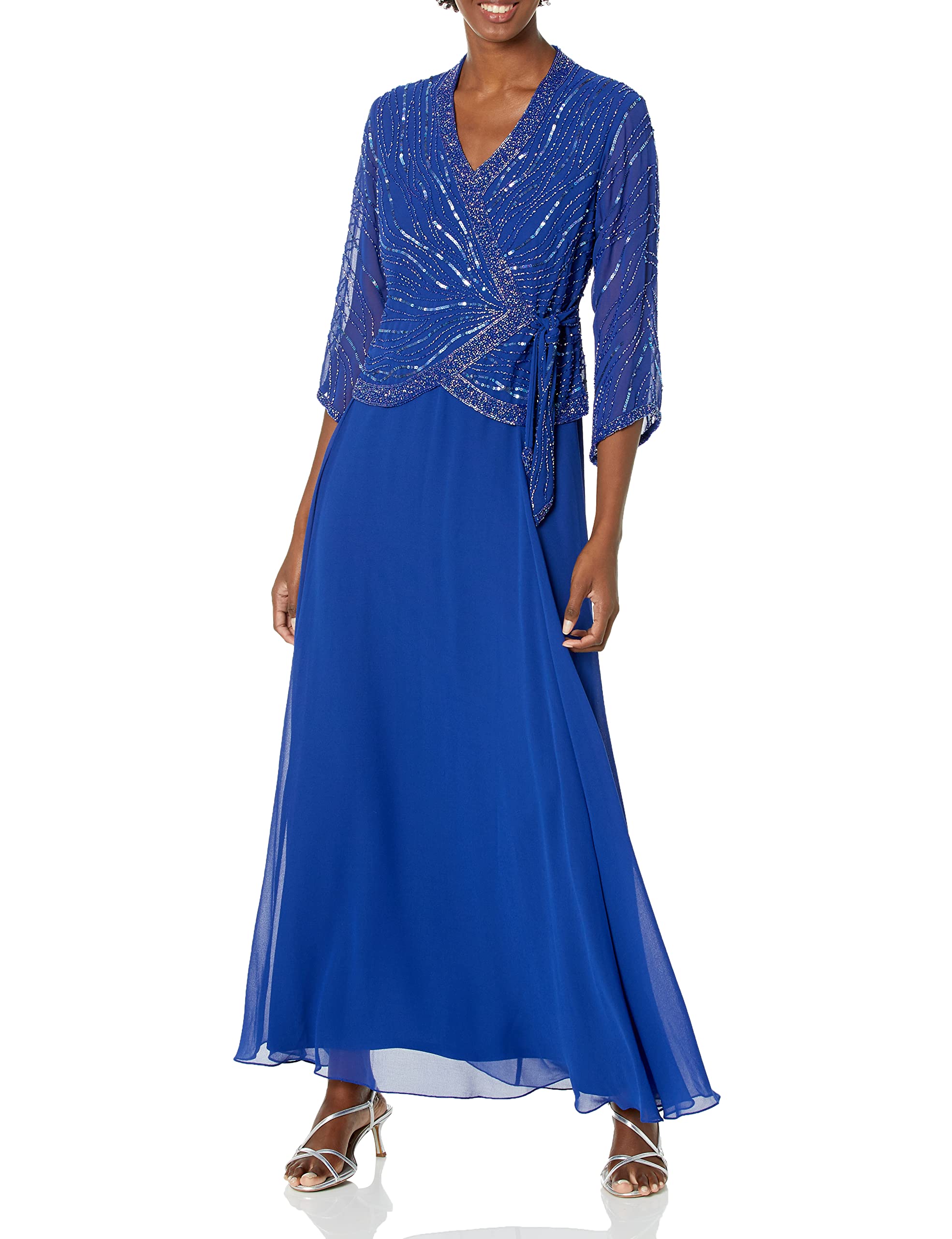 J Kara Women's Long 3/4 Sleeve V-Neck Beaded Faux Wrap Dress - Elegant Party & Evening Wear for Weddings, Cocktail Events & Special Occasions