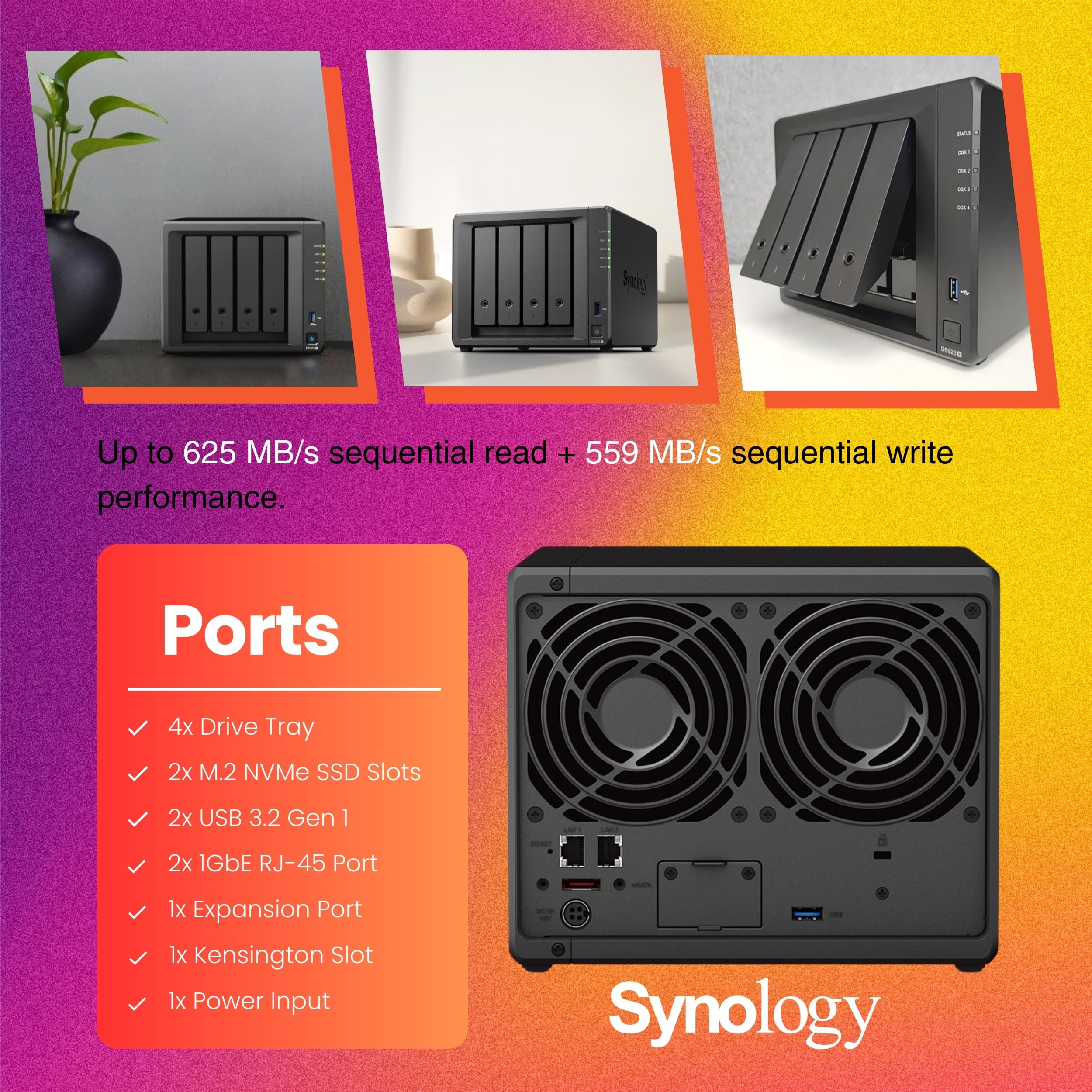 Synology DiskStation DS923+ 4-Bay NAS Server with AMD Ryzen R1600 (2-Core, 3.1GHz) | 32GB DDR4 RAM & 2TB M.2 NVMe SSD | High-Performance Network Attached Storage for Home & Business Data Backup, Media Streaming & Cloud Sync