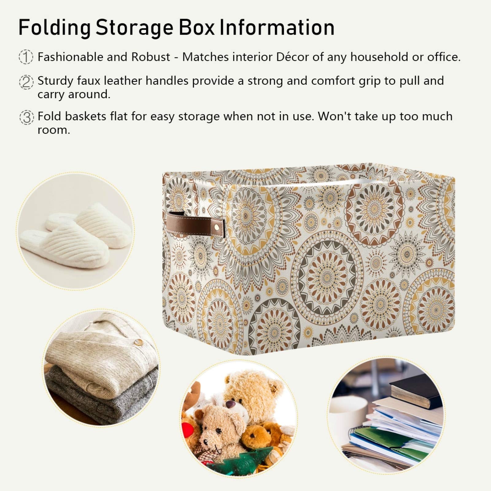 Large Foldable Storage Bins - Eastern Mandala Fabric Collapsible Organizing Baskets with PU Handles (2-Pack) | Perfect for Shelves, Closet, Bedroom & Living Room Organization