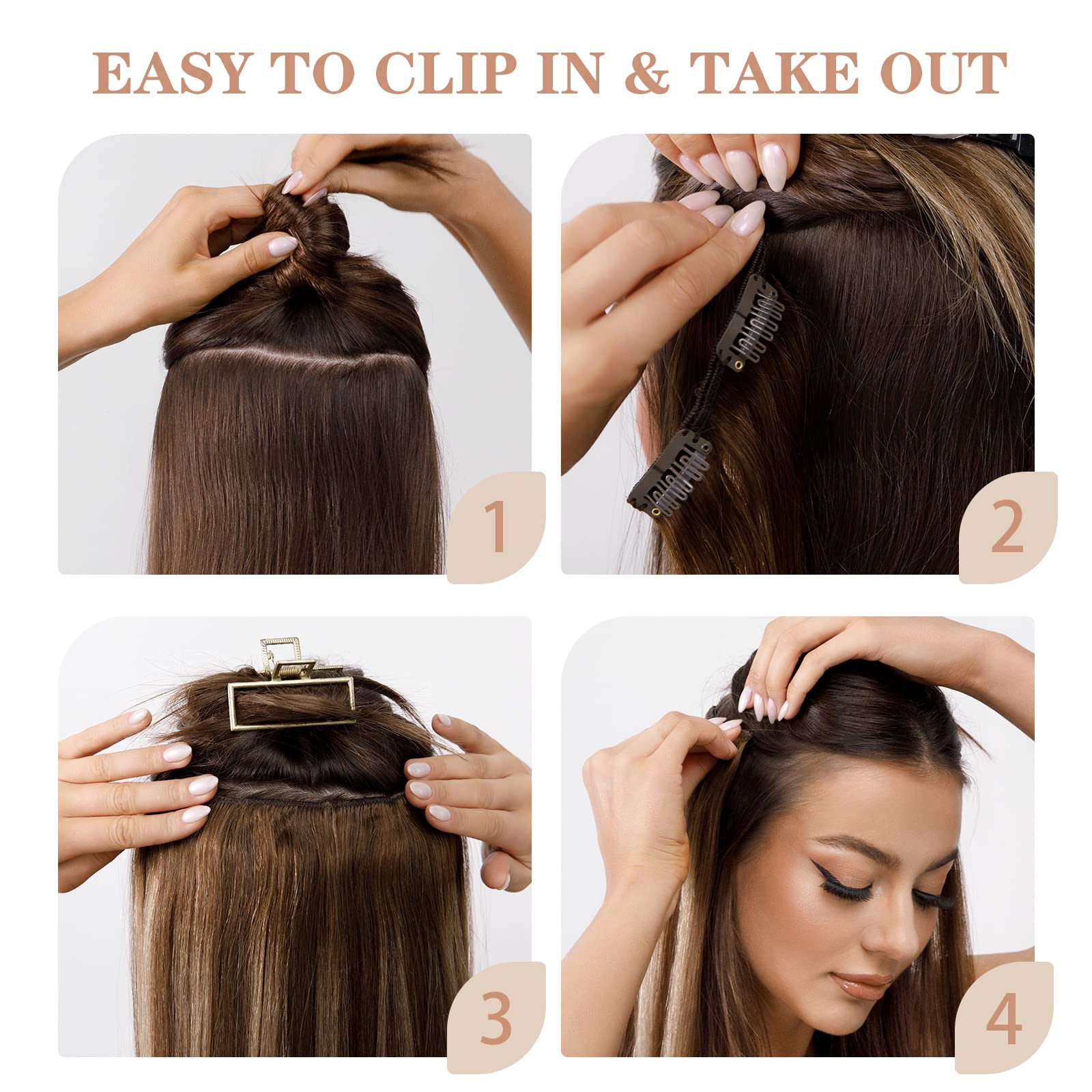S-noilite Clip in Hair Extensions 20 Inch - 100% Real Human Remy Hair, Double Weft, 7pcs 120g, Balayage Dark Brown to Chestnut Brown - Seamless & Thick for Volume & Length - Perfect for Parties, Weddings & Daily Styling