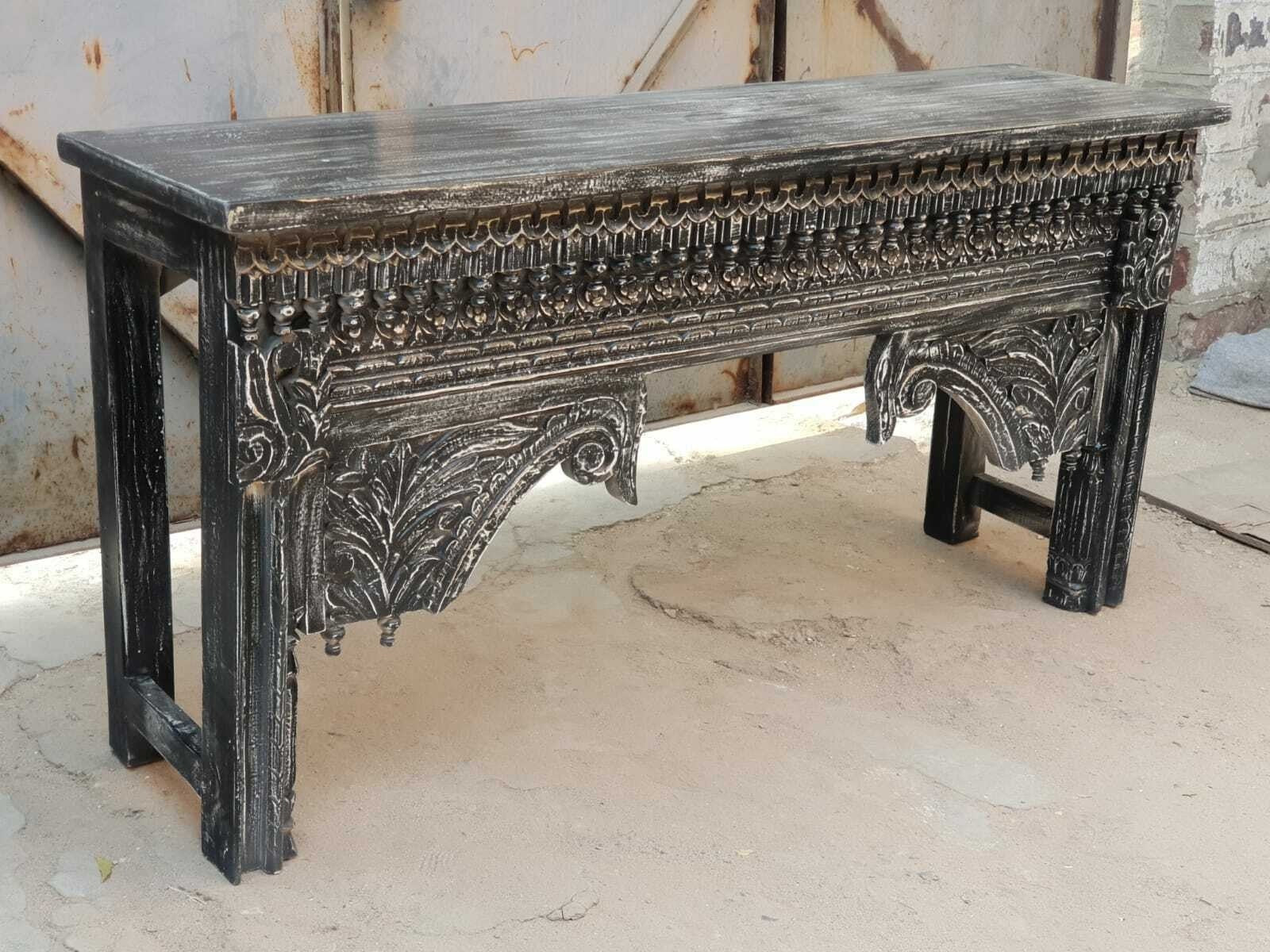 Hand Carved Indian Solid Wood Console Table - Elegant Entryway Hall Table for Living Room, Foyer & Home Decor - Black Finish