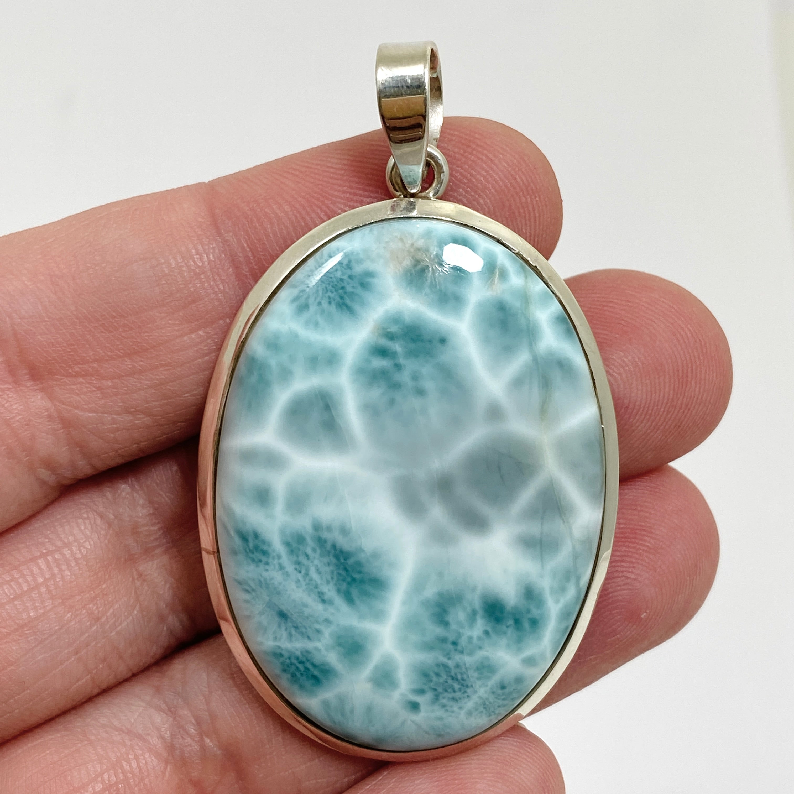 Natural Larimar Oval Cabochon Pendant - 925 Sterling Silver Jewelry for Women - Perfect for Beach Vacations & Boho Fashion