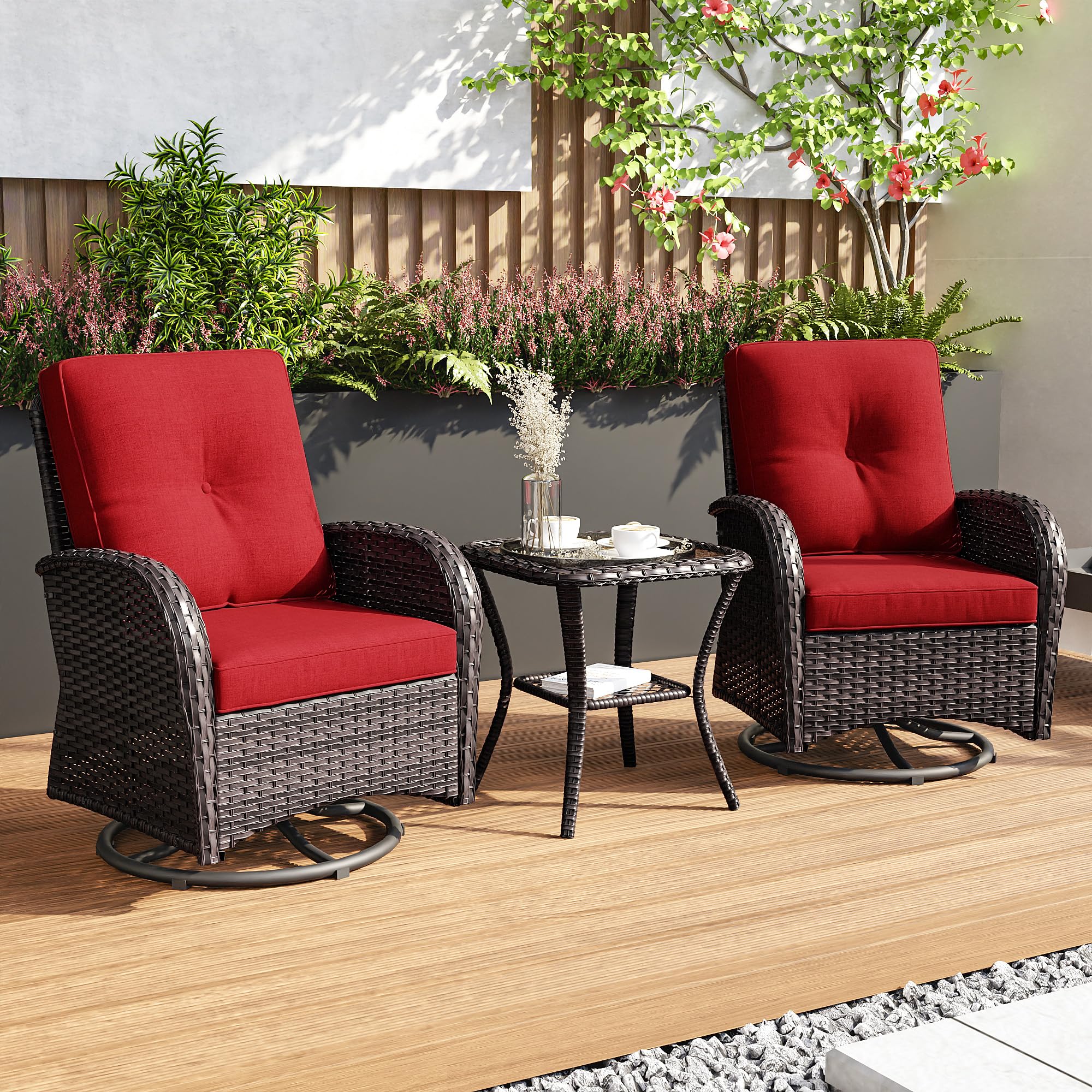 Joyside 2-Piece Patio Swivel Rocking Chair Set with Side Table - Outdoor Wicker Swivel Rocker Chairs for Porch, Deck, Garden & Backyard - Brown/Red 3-Piece Patio Furniture Set for Relaxing & Entertaining