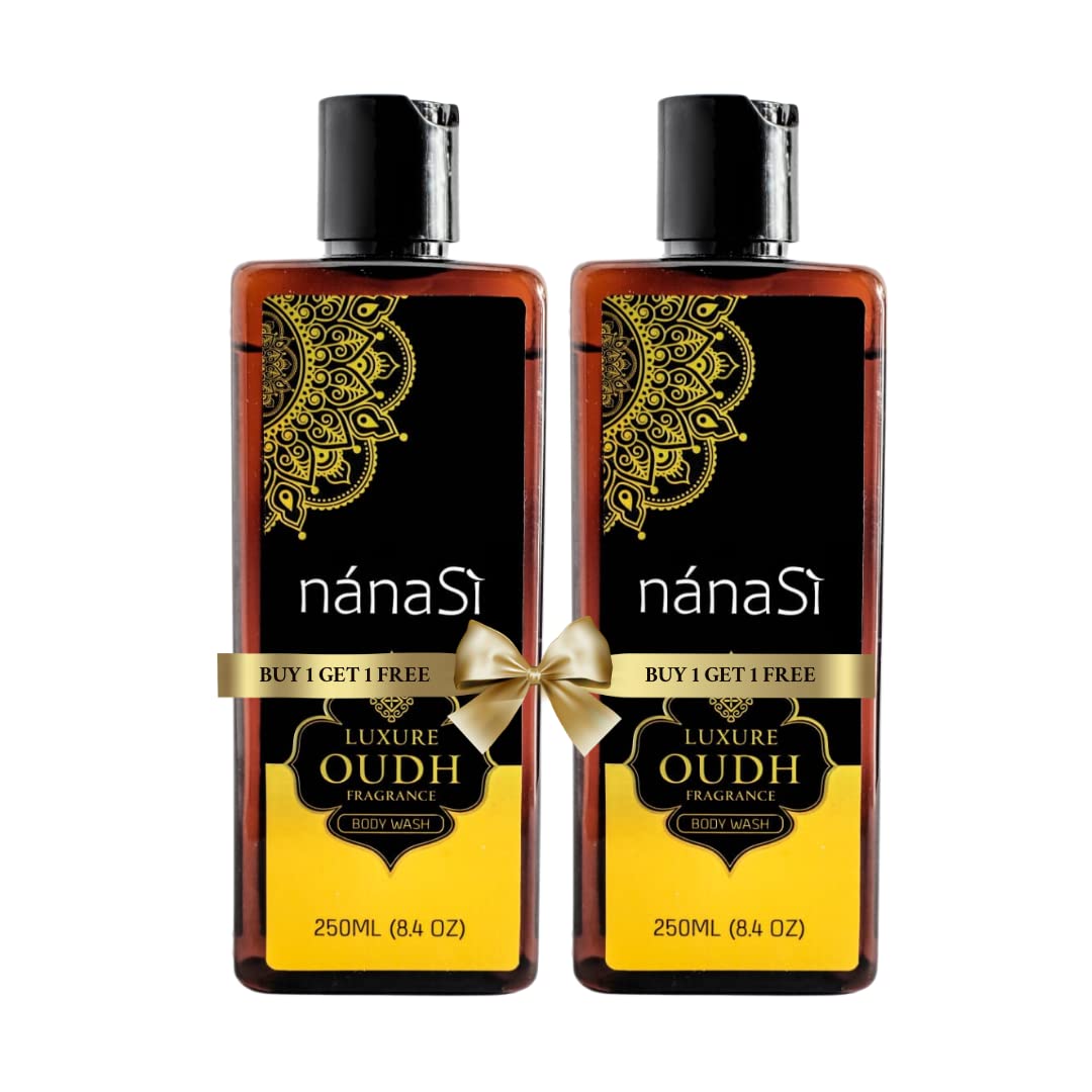 NánaSì Luxure Oudh Fragrance Body Wash Gel with Vitamin C - 250ml (Pack of 2) | Long-Lasting Scent, Hydrating & Moisturizing Shower Gel for Women & Men | Paraben-Free, SLS-Free, Vegan Formula | Perfect for Daily Use, Spa Days & Gift Giving
