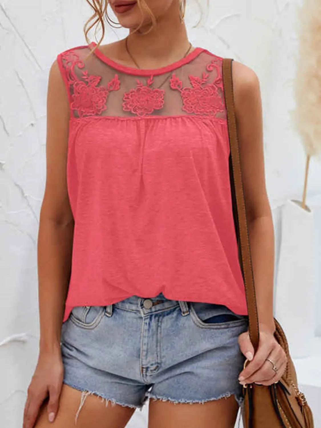 Lace Detail Round Neck Tank Top for Women - Elegant Summer Blouse with Floral Lace Trim | Perfect for Casual Wear, Beach Outfits & Date Nights