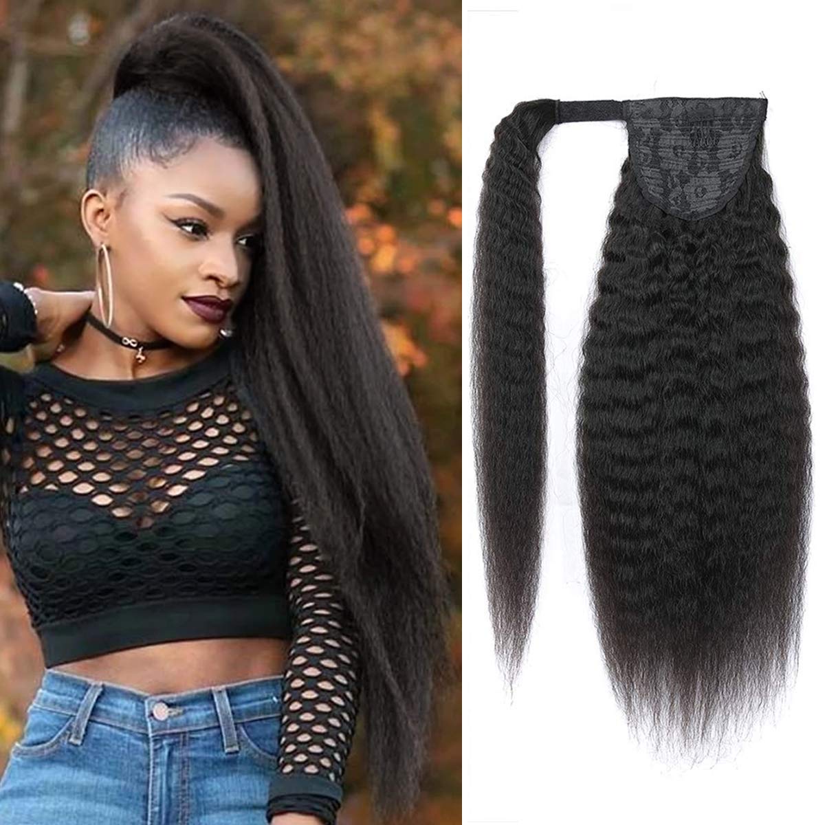 Kinky Straight Human Hair Ponytail Extension 20 Inch 130g - Natural Black 1B Color Clip-in Wrap Around Ponytail with Comb for Black Women | Perfect for Parties, Weddings & Everyday Styling