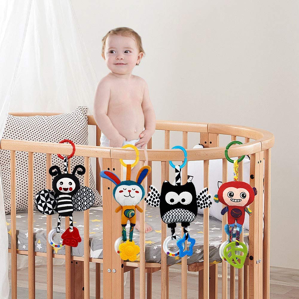 High Contrast Baby Toys for 0-12 Months - Animal Hanging Rattles with Teethers | 4-Pack Infant Sensory Toys for Car Seat & Stroller | Perfect Newborn Birthday Gift for Brain Development & Visual Stimulation