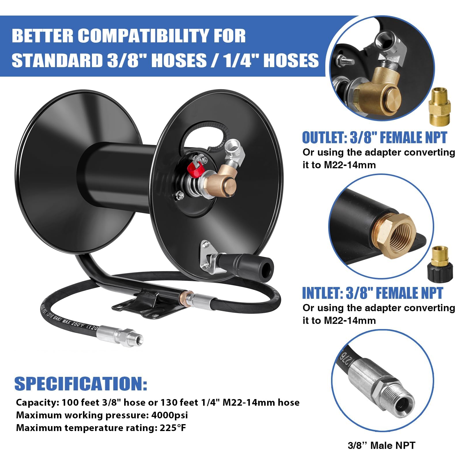 **4000PSI Heavy Duty Pressure Washer Hose Reel - 100ft x 3/8
