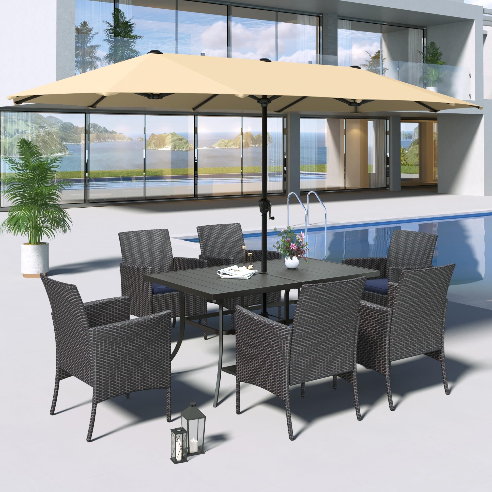 MFSTUDIO 8-Piece Rattan Dining Set with Umbrella for Outdoor Patio - Perfect for Garden Parties & BBQs