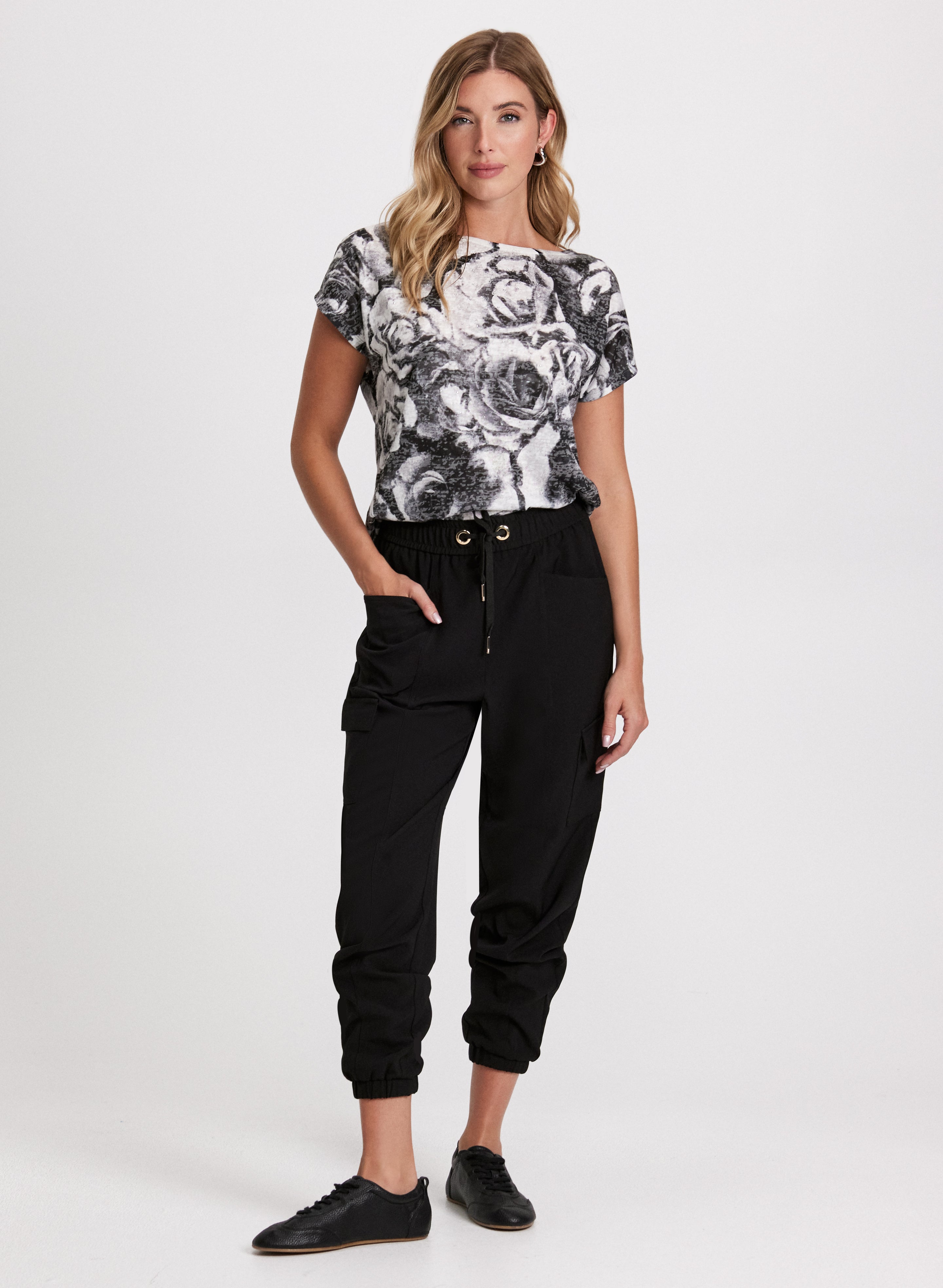 Floral Print Burnout T-Shirt & Cargo Pants Set - Women's Casual Outfit for Summer, Streetwear, and Outdoor Activities