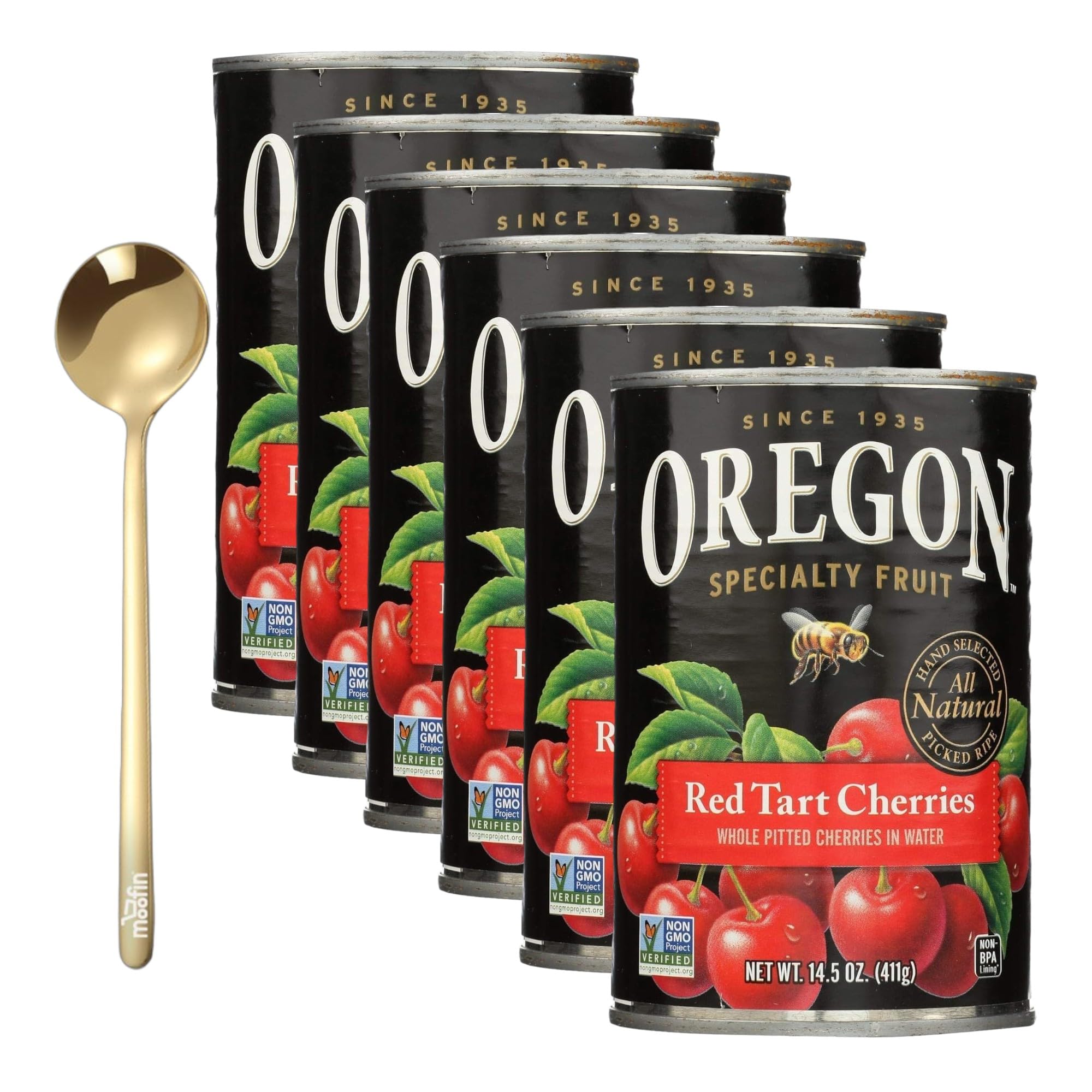 Oregon Chai Red Tart Cherries 14.5 Oz (Pack of 6) - Whole Pitted Cherries in Water with Free Golden Stainless Steel Spoon - Perfect for Baking Pies, Chocolate Desserts, Cocktails & Culinary Sauces - Great for Holiday Cooking & Healthy Smoothies