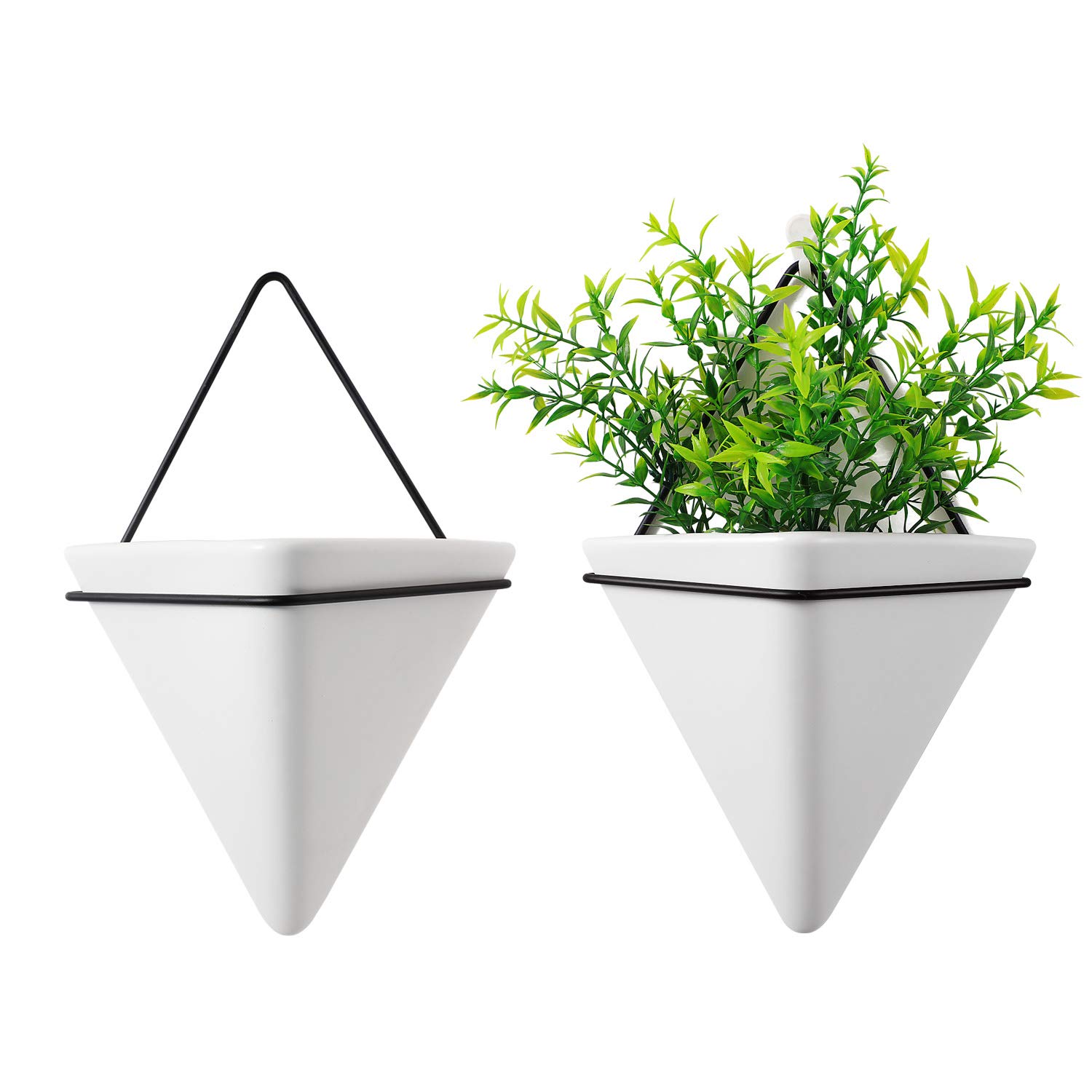 T4U Set of 2 White Ceramic Triangle Wall Planters - Modern Geometric Hanging Planters for Succulents, Air Plants, Cactus & Faux Plants | Indoor Home & Office Decor for Living Room, Bedroom, Kitchen & Workspace