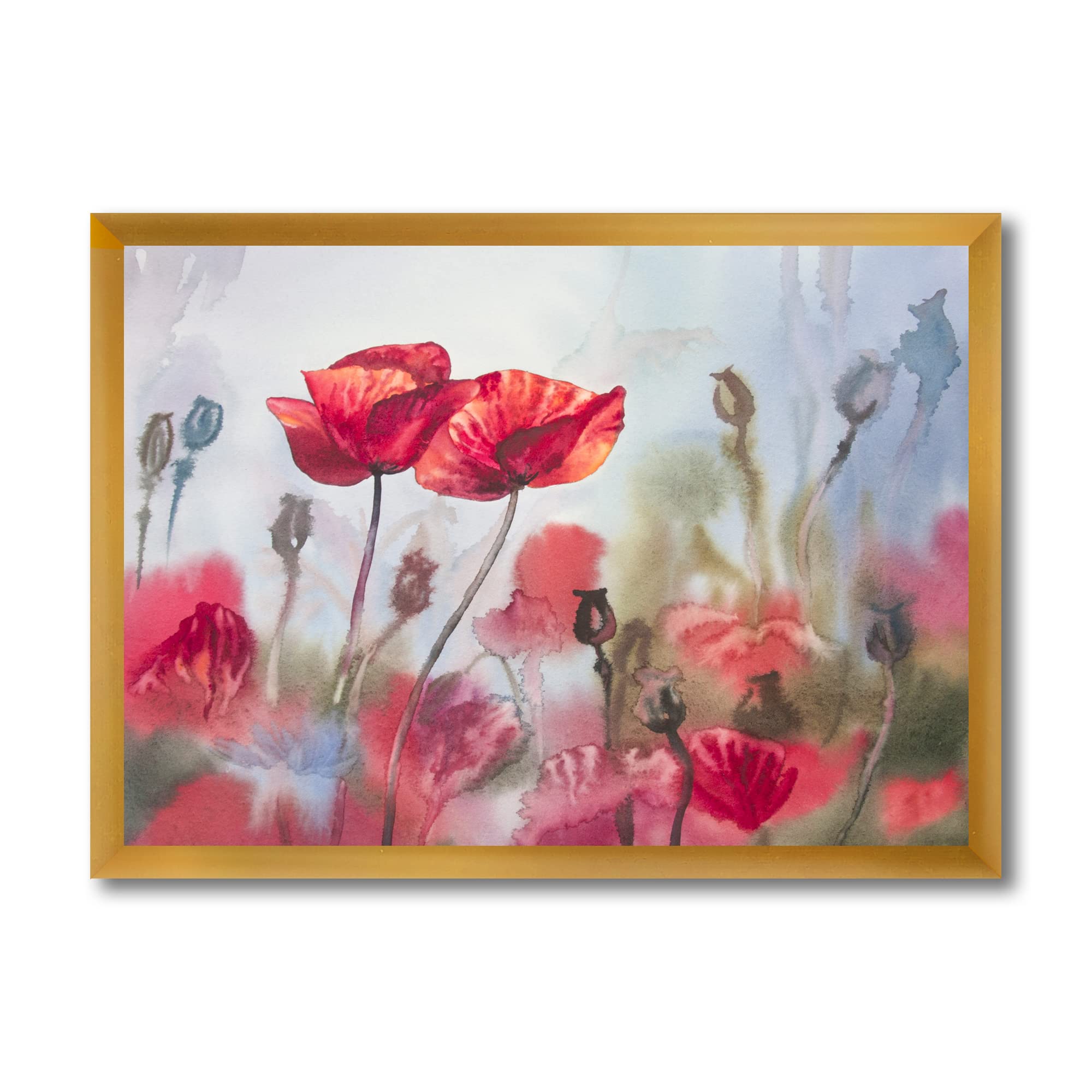 DesignQ Blossoming Poppies In The Meadow Traditional Framed Wall Art - Vintage Floral Canvas Painting for Living Room, Bedroom & Office Decor