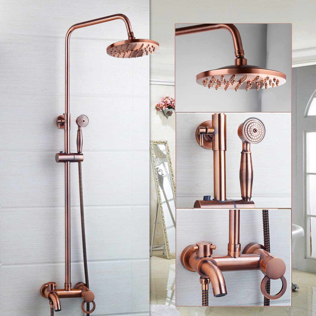 8 Inch Brass Rainfall Shower System - Wall Mounted Luxury Shower Combo with Handheld Shower Head & Antique Copper Faucet Valve | Perfect for Spa-Like Bathroom Experience, Modern Home Upgrade & Relaxing Rainfall Shower