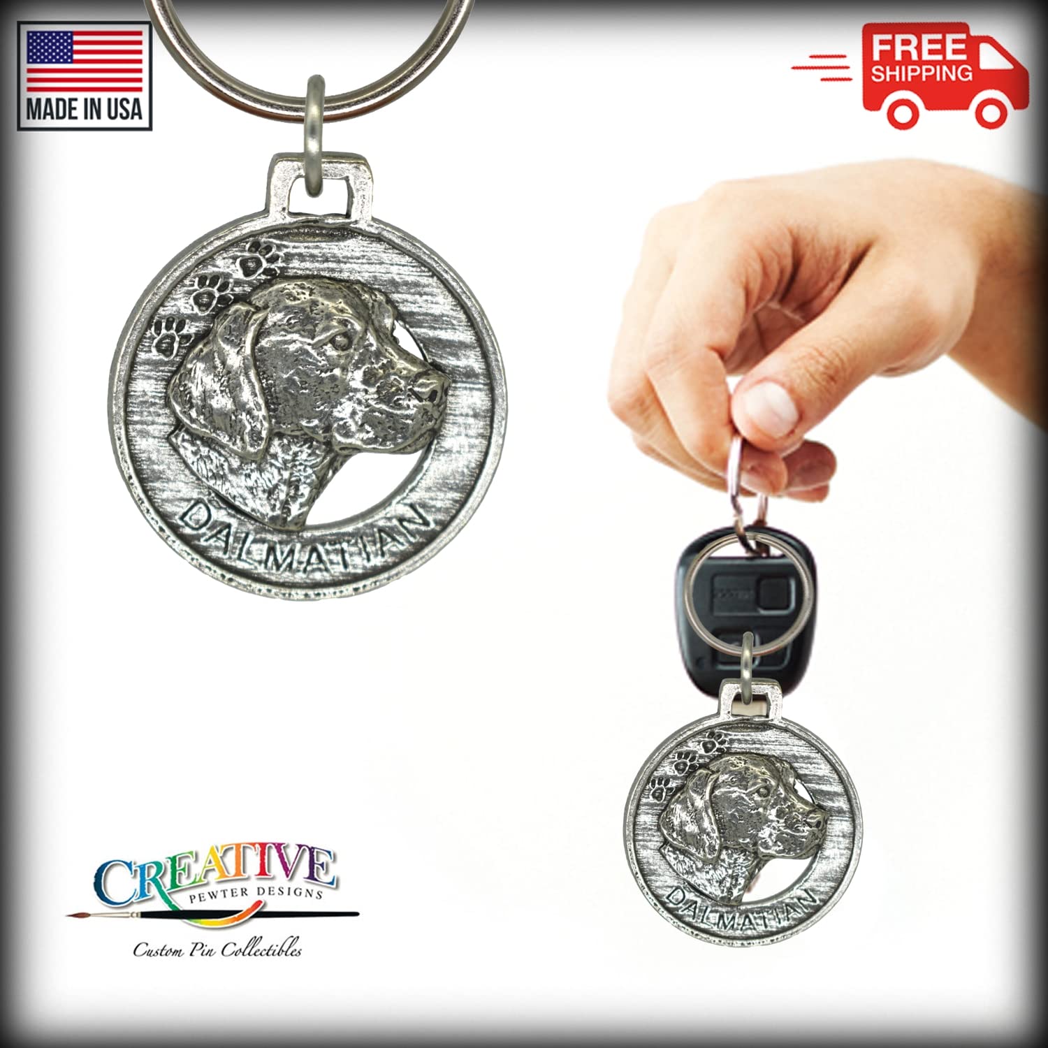 Handmade Pewter Dalmatian Dog Keychain - USA Made Pet Key Ring, Metal Key Fob, Gift Tag (1.5 Inch) - Perfect for Pet Lovers, Key Organization & Unique Gifts | Over 90 Dog Breed Keychains Available