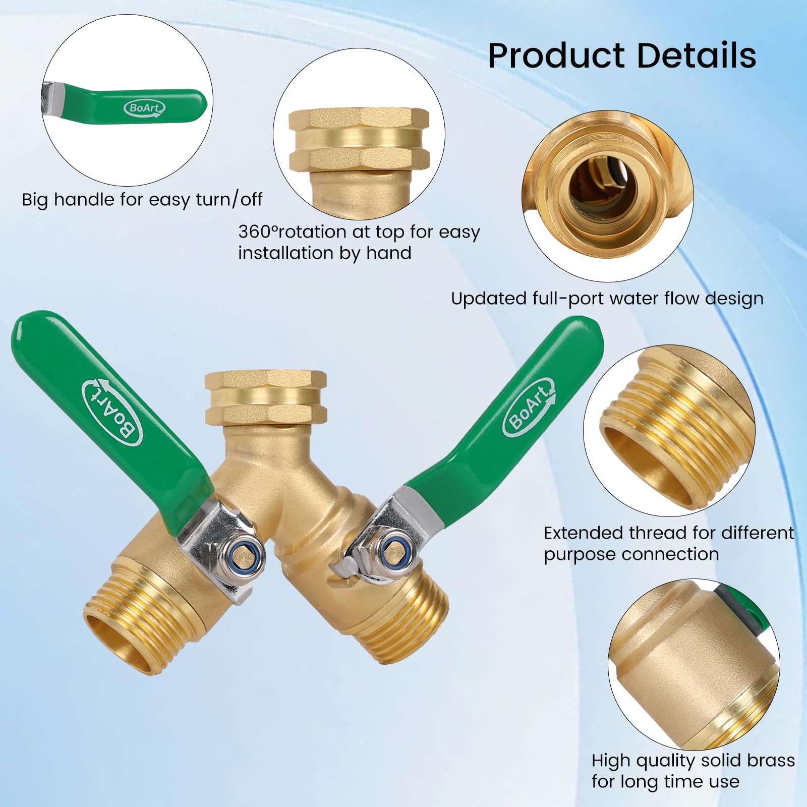 BoArt 2-Way Heavy Duty Brass Garden Hose Splitter with Stainless Steel Long Handle - 3/4