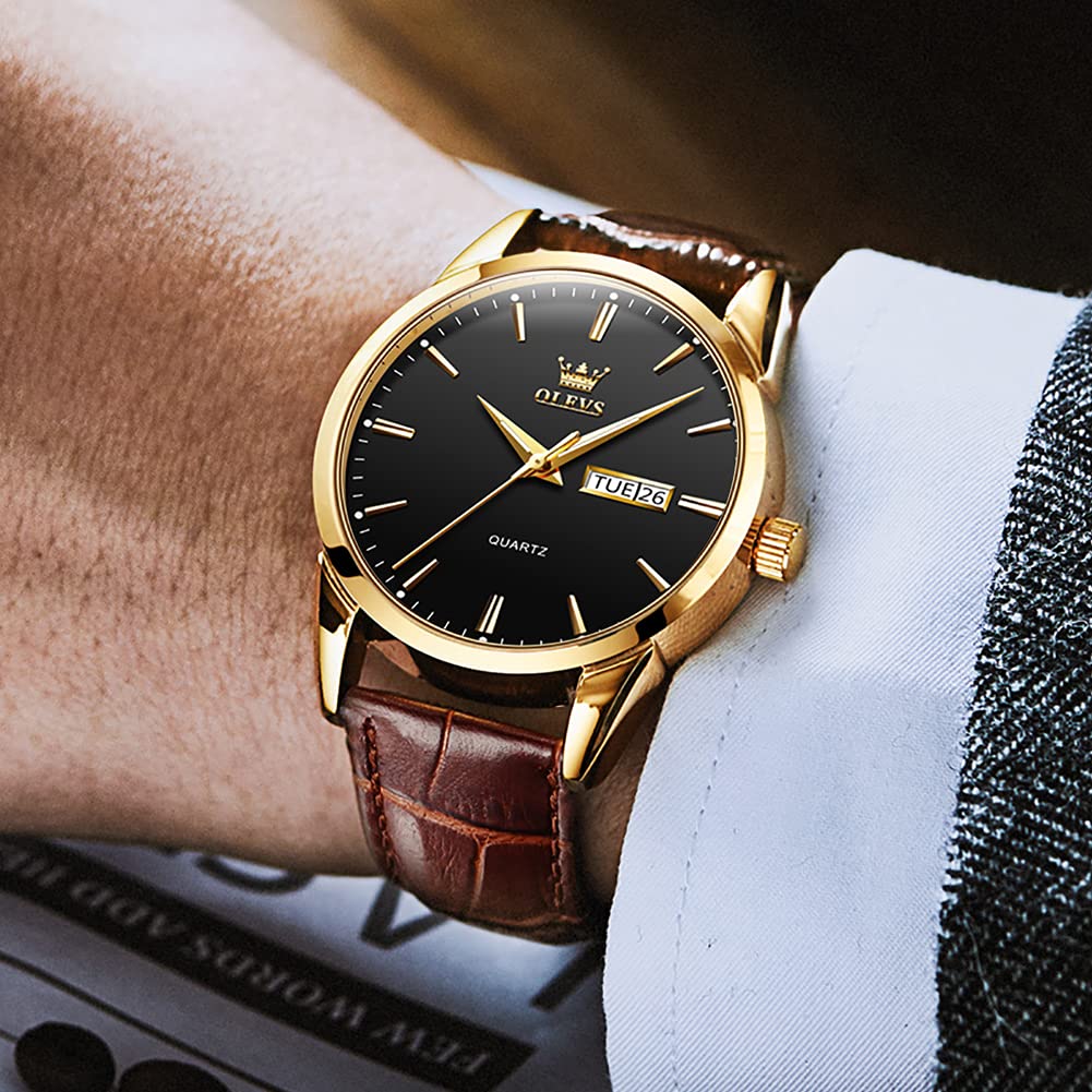 OLEVS Men's Brown Leather Watch - Rose Gold Quartz, Waterproof, Luminous for Daily Wear & Dress