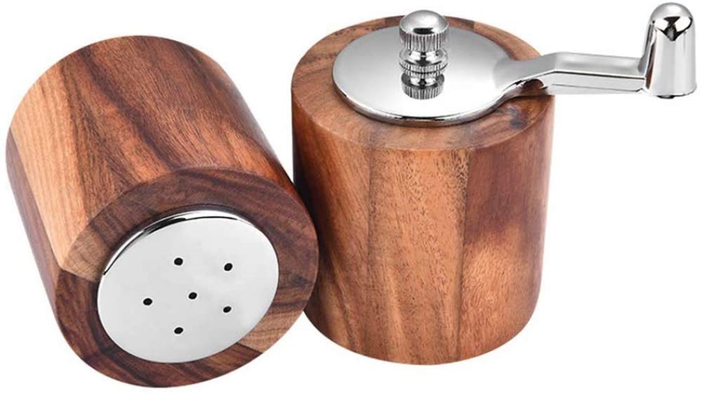 Premium Acacia Wood Salt and Pepper Grinder Set - Adjustable Coarseness Manual Mill with Long Crank - 2-Piece Kitchen Shaker Combo for Gourmet Cooking & Dining Table Seasoning
