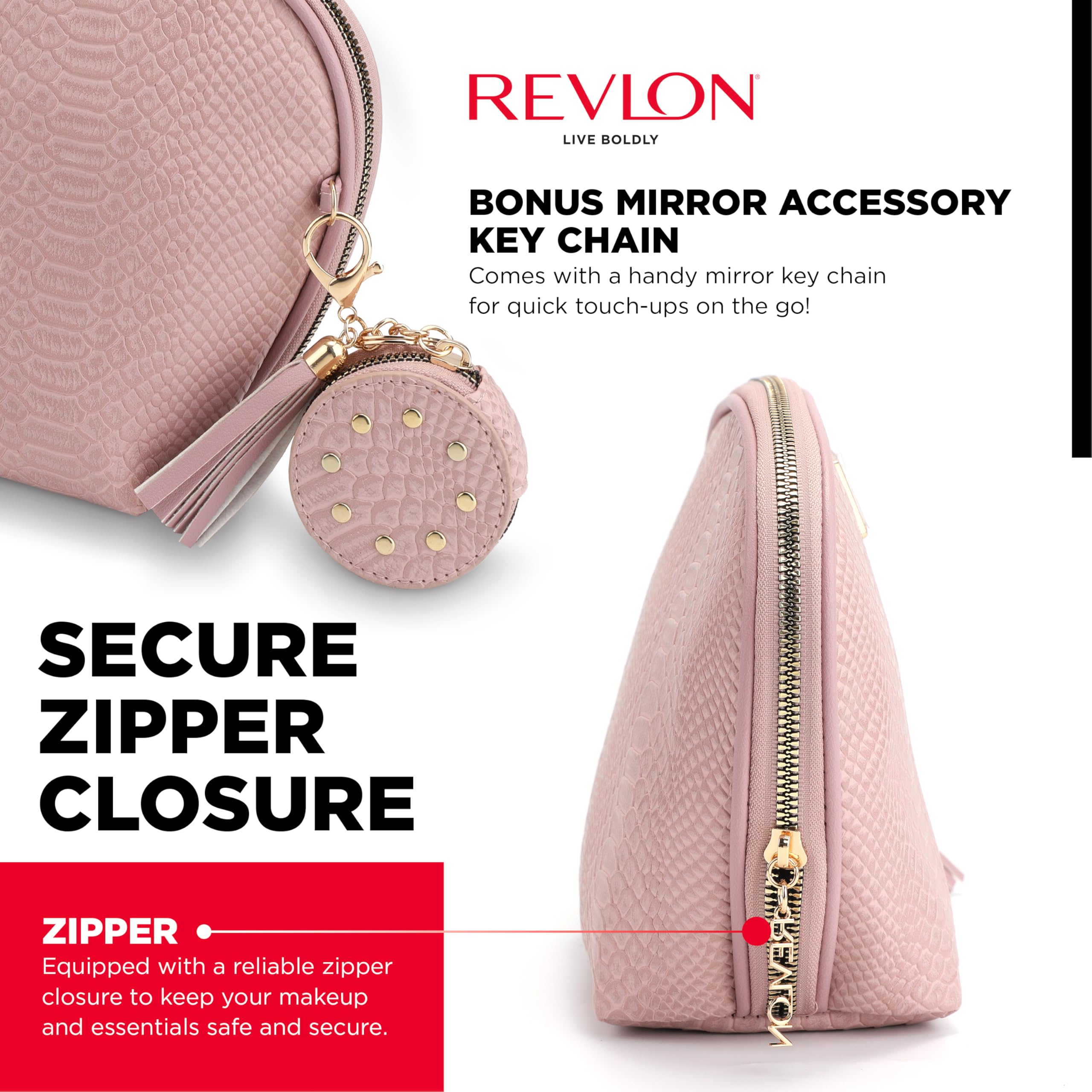 REVLON Croc Embossed Makeup Pouch - Small Travel Cosmetic Bag with Tassel & Mirror Keychain, Mini Makeup Organizer with Pockets - Perfect for Women's Toiletries, Travel Essentials & Teen Girls' Gifts (Rose) | Great for Daily Use, Vacation Trips & Birthday Presents