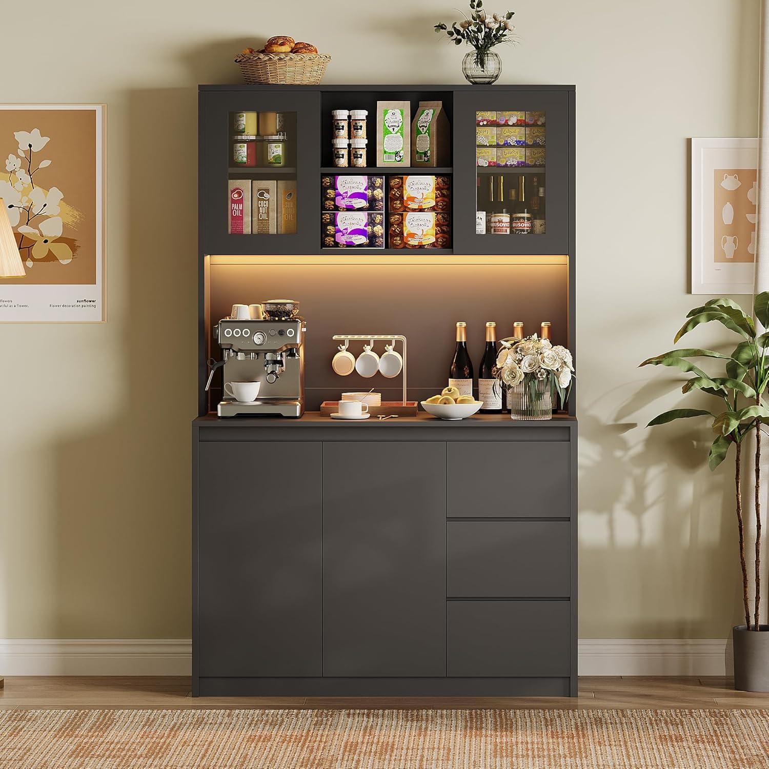 Modern Black Kitchen Pantry Cabinet with LED Lights & Charging Station - Tall Storage Hutch with Microwave Stand, Buffet Cabinet & Countertop - Perfect for Small Kitchens, Dining Room Storage & Home Organization