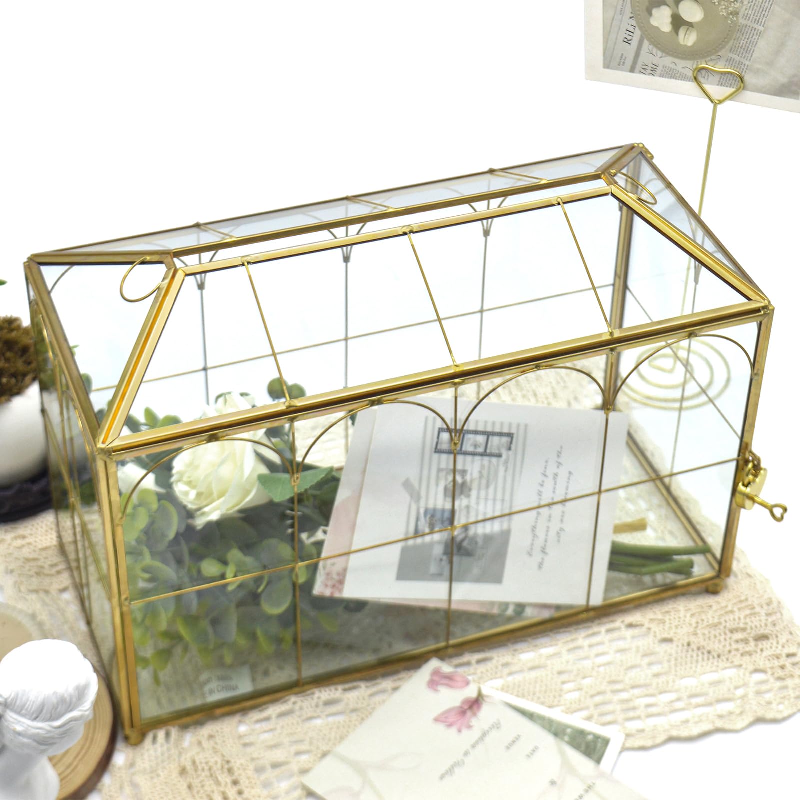 Large Gold and Glass Wedding Card Box with Lock & Key - Vintage Geometric Handmade Envelope Holder for Reception, Parties & Special Events | Perfect for Wedding Gifts, Cash, Checks & Greeting Cards