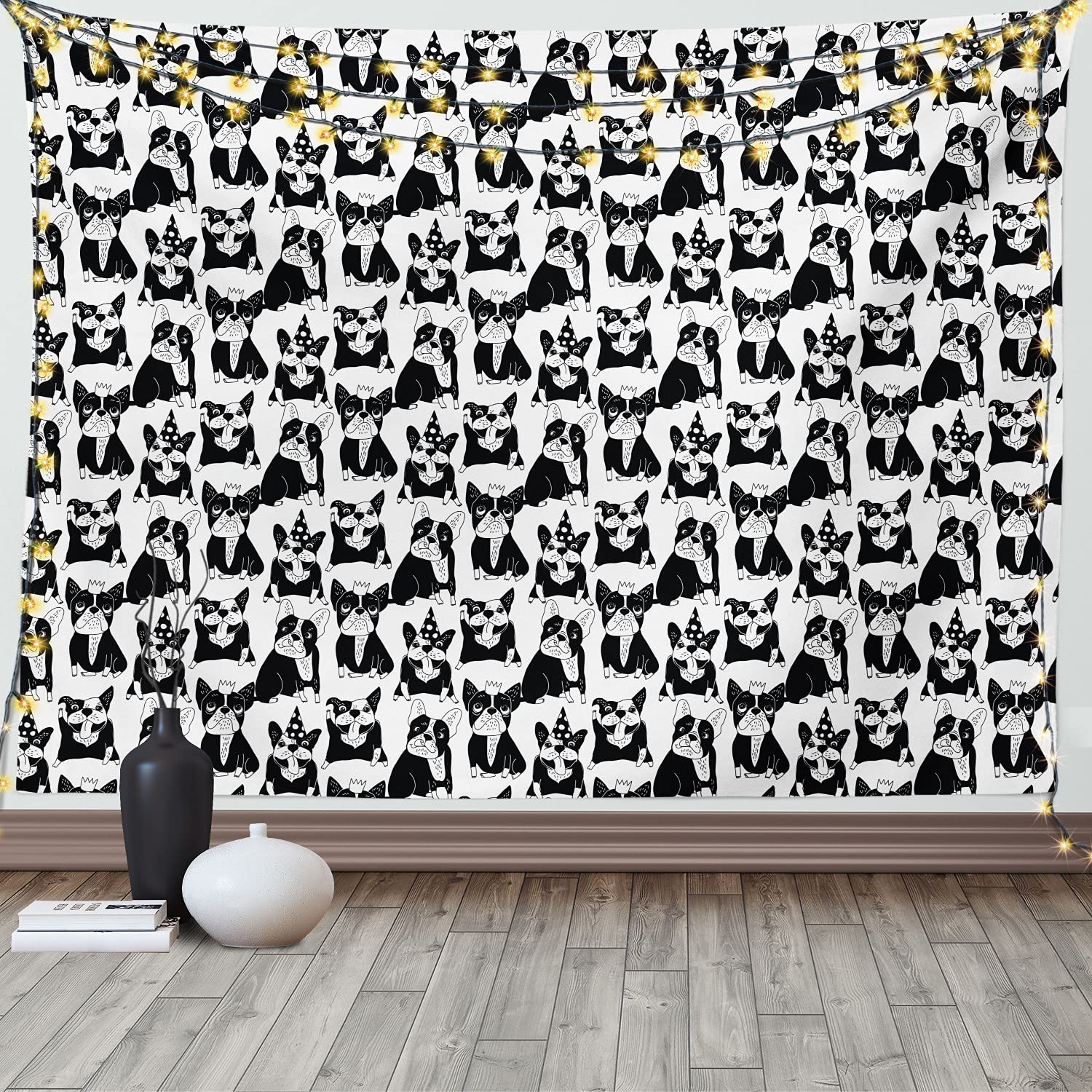 Ambesonne Bulldog Tapestry Wall Art - Playful Doodle Style Dog Design with Party Hats, Black & White Pet Decor (80x60 Inches) for Bedroom, Living Room, Dorm, Nursery or Home Office Decoration