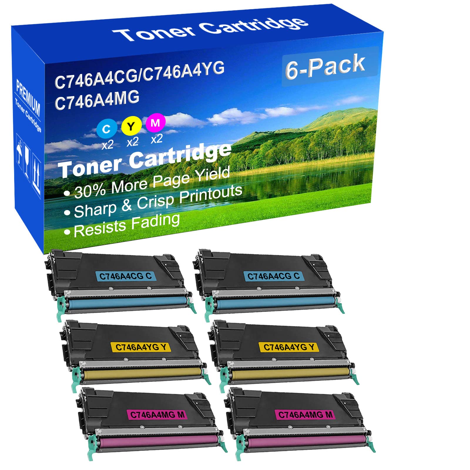 6-Pack (2C+2Y+2M) High Yield C746A4CG+ C746A4YG+ C746A4MG Compatible Toner Cartridges for HP C746 C748 X746 X748 Laser Printers - Perfect for Office & Home Printing Needs