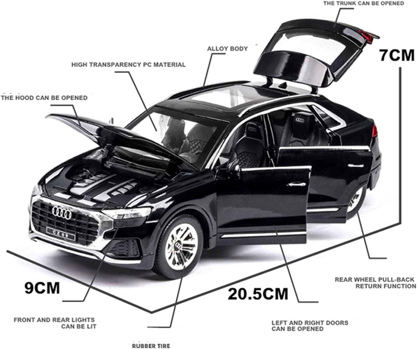 Bestie Toys 1:28 Scale Die-Cast Audi Q8 Alloy Metal Pull Back Car with Sound & Light - Mini Collectible Model Toy for Kids & Adults - Perfect for Playtime, Gift Giving & Display Collections (Black)