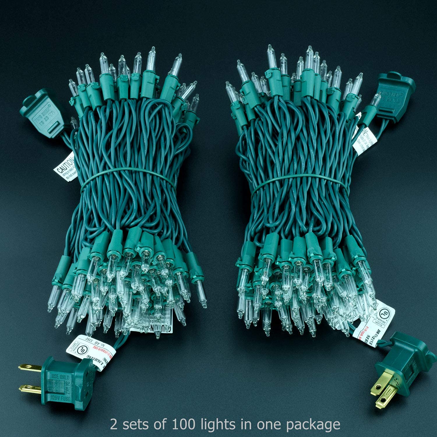 YULETIME 200 Clear Christmas Lights - 2 Pack of 33ft 100-Count UL Certified Incandescent String Lights (Clear with Green Wire) for Indoor/Outdoor Holiday Decorations, Tree Trimming & Festive Lighting