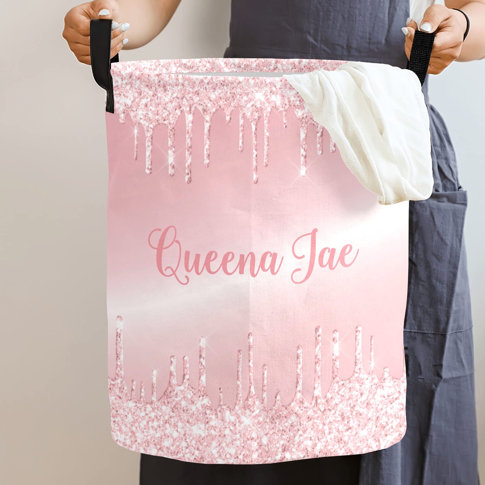 Blush Rose Pink Dripping Glitter Storage Bin - Waterproof Oxford Fabric Laundry Hamper & Organizer for Clothes, Toys, Gifts | Perfect for Bedroom, Nursery & Home Organization