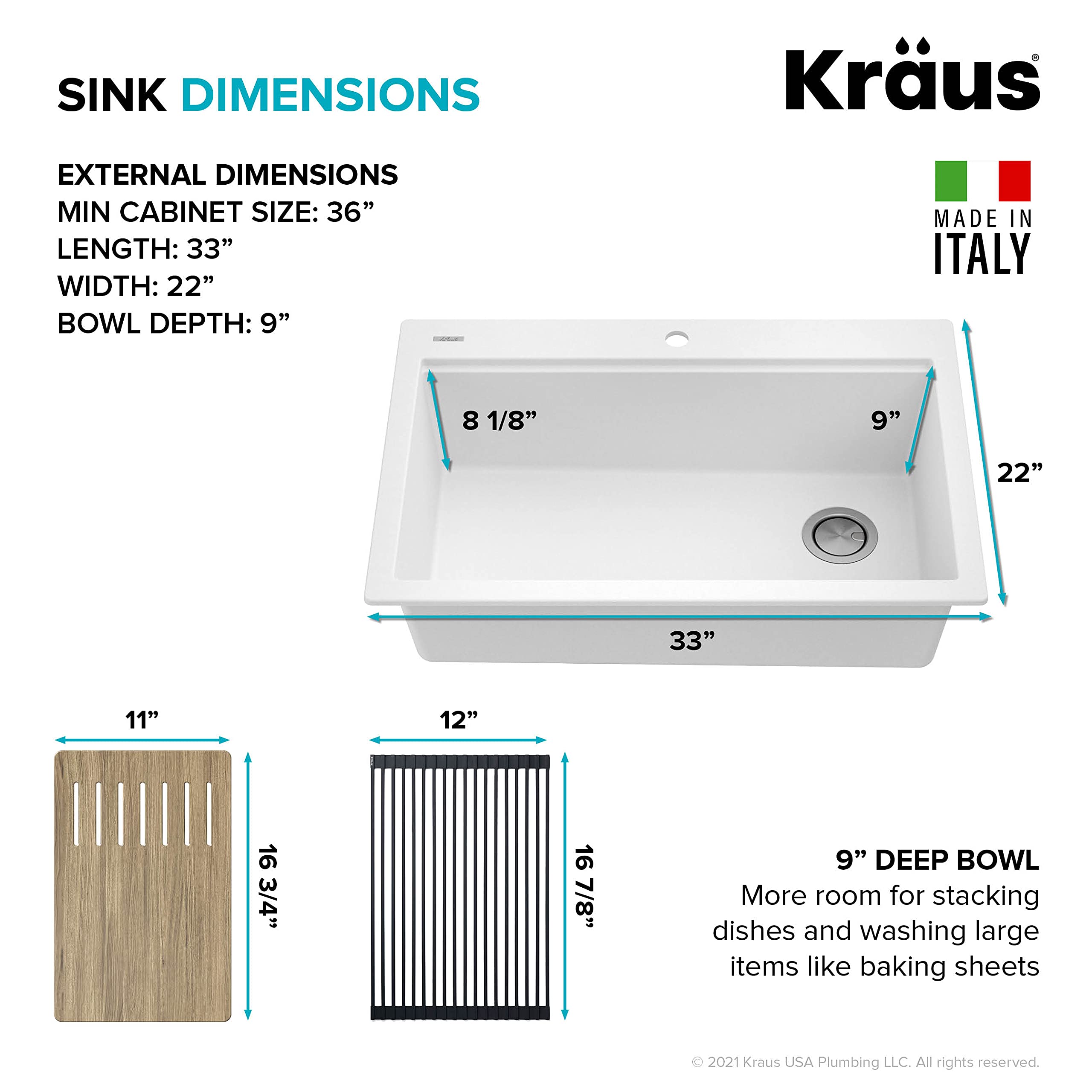 KRAUS Bellucci 33-Inch Drop-In Granite Composite Single Bowl Kitchen Sink in White with Accessories & WasteGuard™ Garbage Disposal – Perfect for Modern Kitchens, Dishwashing & Food Prep