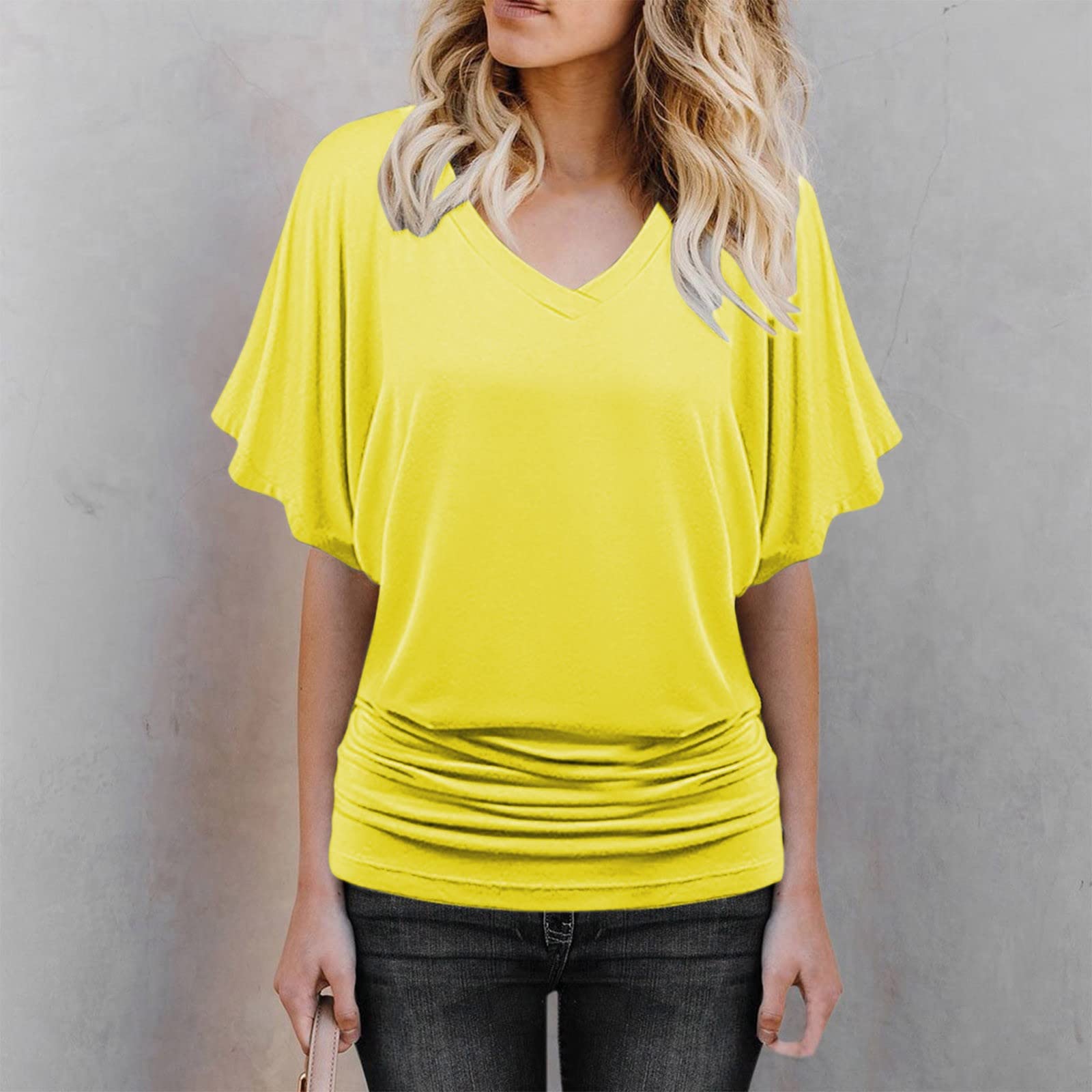 Trendy Oversized Batwing Tops for Women - Soft V-Neck Ruffle Blouse, Essential Fall Polyester T-Shirt (Casual Wear, Street Style, Layering Outfits)