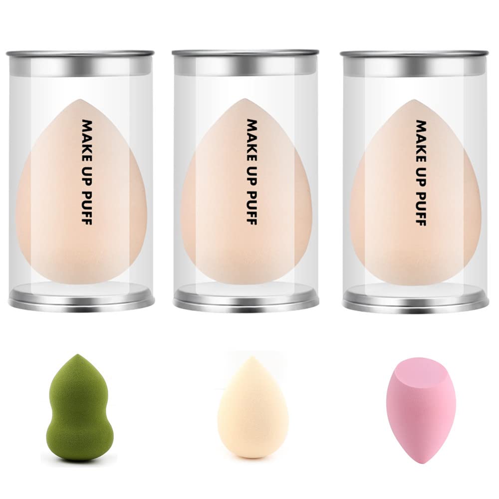 3 Pcs Makeup Sponge Set - Cosmetic Beauty Blender Egg Sponge for Flawless Foundation Application (3 Shapes: Round, Teardrop, Flat) - Perfect for Liquid, Cream & Powder Makeup - Home & Travel Use