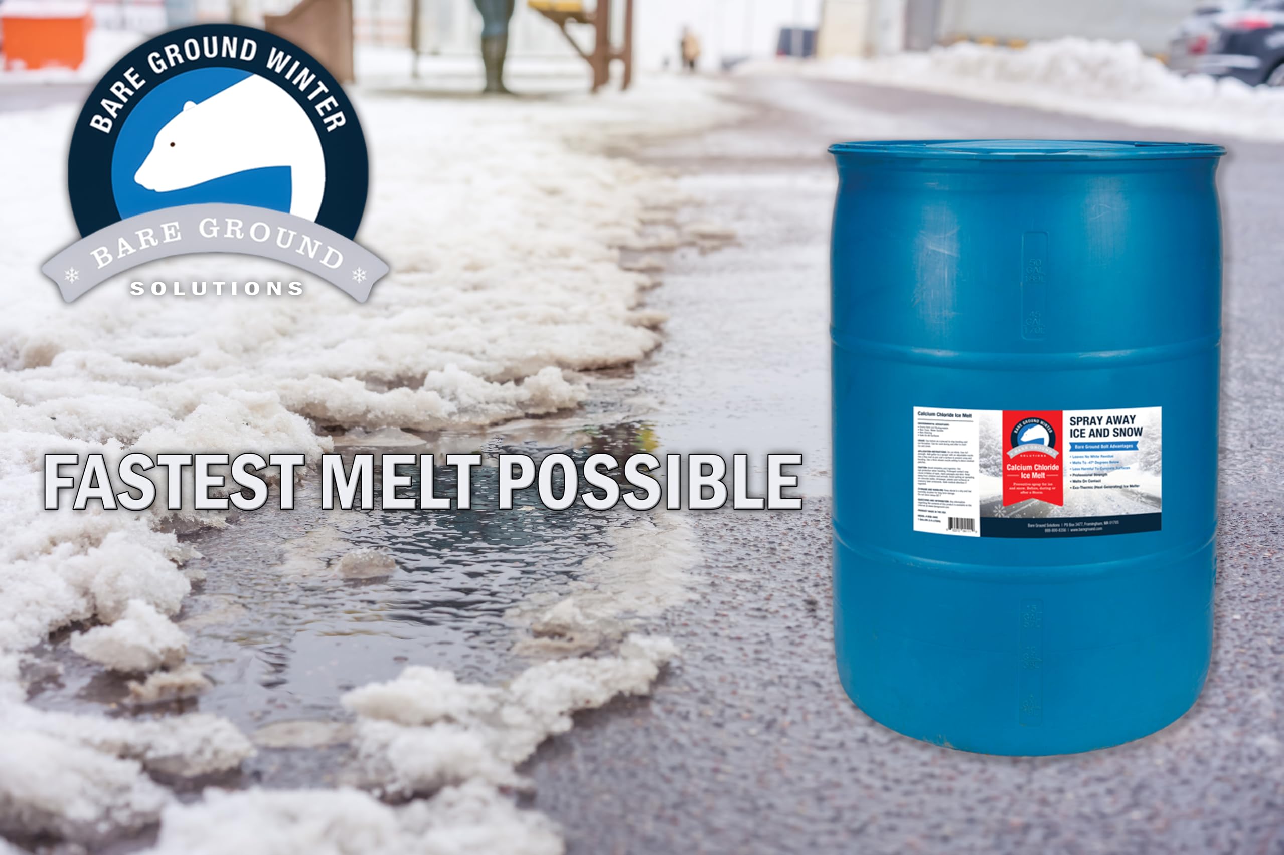 Fast-Acting Calcium Chloride (CaCl2) Ice Melt Liquid - 30 Gallon Professional Drum | BGB-30DC Winter Solution for Driveways, Sidewalks & Parking Lots | Bare Ground Blue Formula
