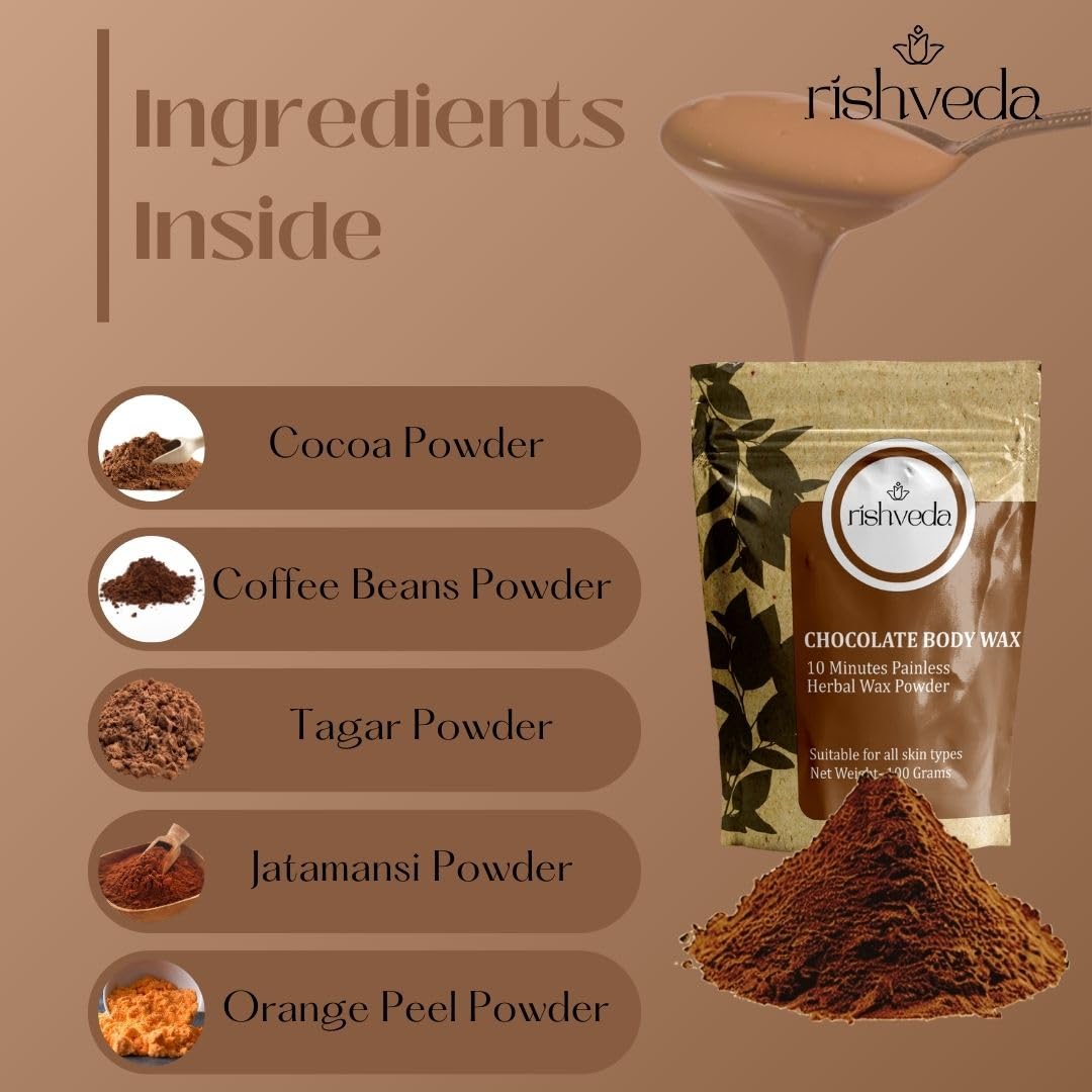 Rishveda Chocolate Body Wax - 100% Natural Hair Removal Powder for Smooth Skin | Painless & Quick 10-Minute Herbal Wax (100g, Pack of 1) | Perfect for Legs, Arms, Bikini Line & Facial Hair Removal at Home