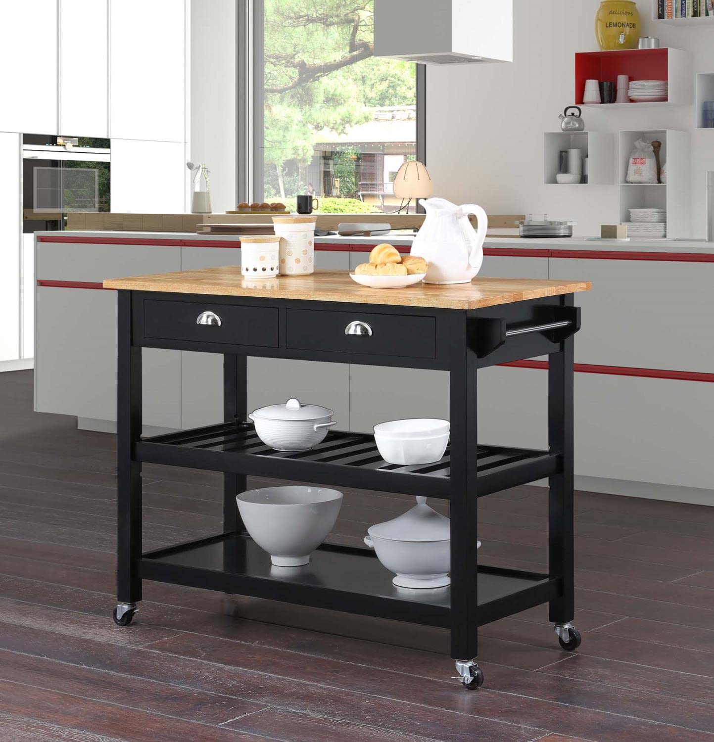 Convenience Concepts American Heritage 3-Tier Butcher Block Kitchen Cart with Drawers - Black/Butcher Block | Rolling Storage Island for Small Spaces, Kitchen Organization & Serving Station