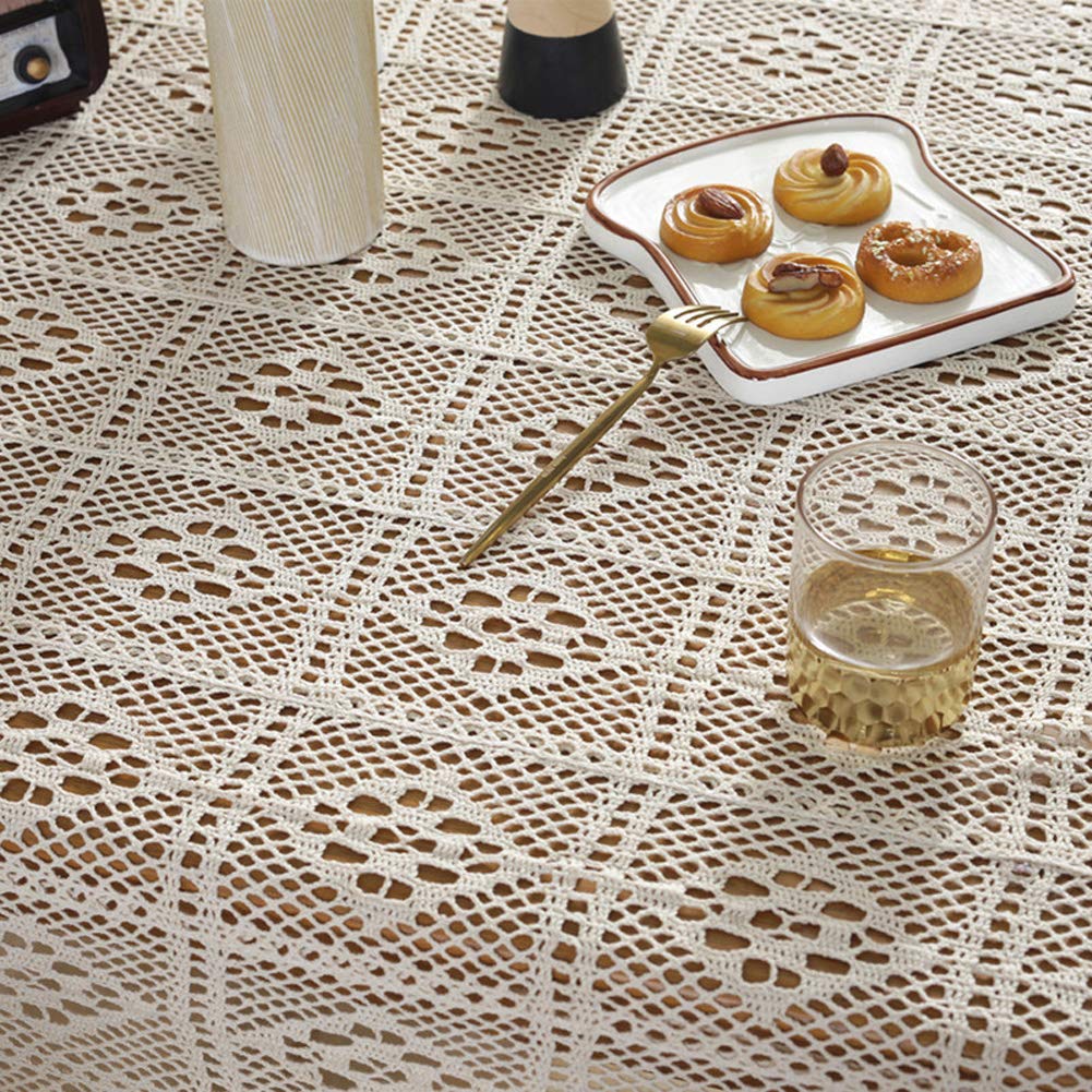 Handmade Cotton Crochet Lace Tablecloth - 55 x 55 Inch Beige Square Table Cover for Buffet, Dining Table, Wedding & Party Decor | Dust-Proof & Elegant for Holiday Dinners, Banquets & Home Decor