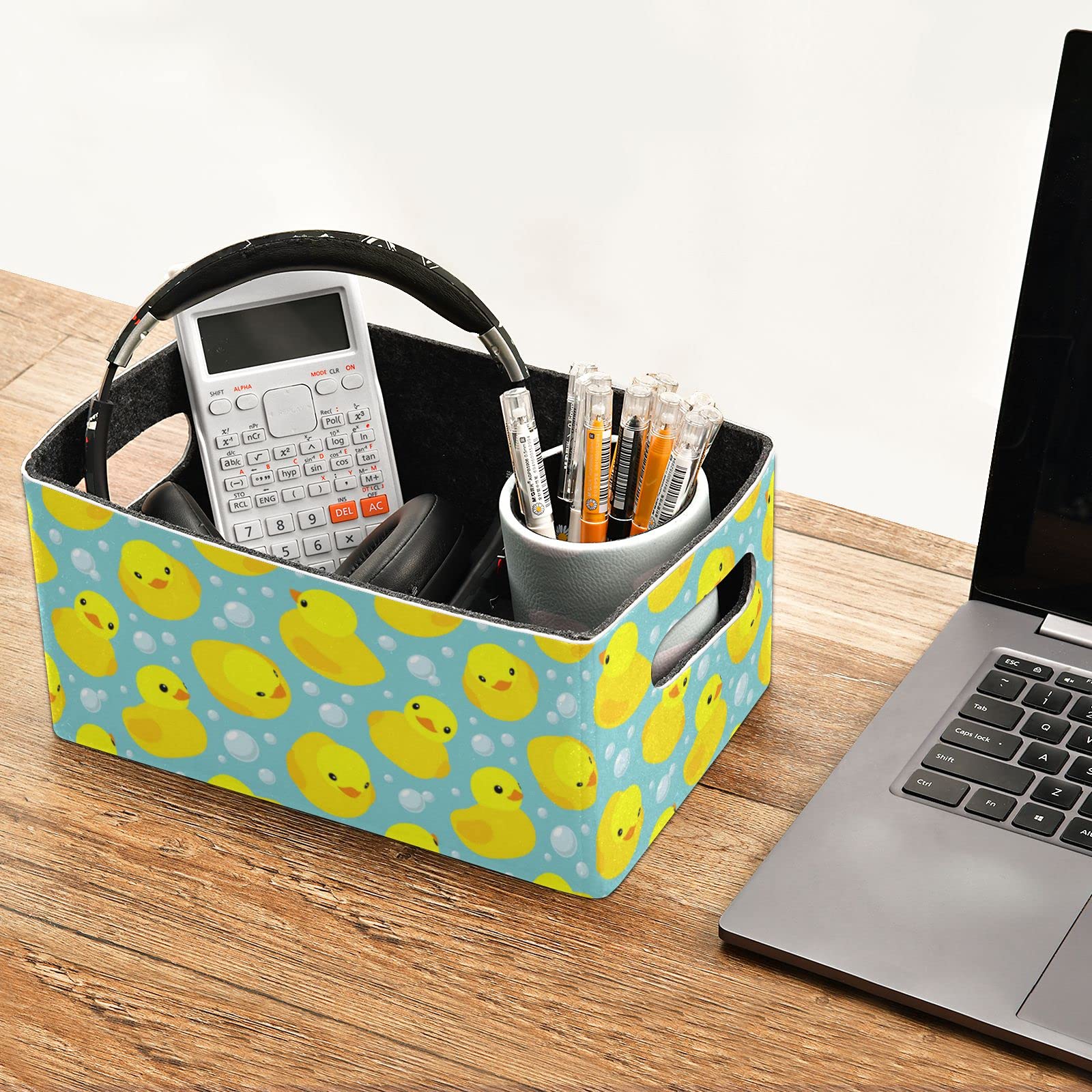 Linqin Yellow Rubber Duck Collapsible Storage Bins & Baskets, 2-Pack Foldable Felt Fabric Organizer Cube Box for Nursery, Home Shelves & Closet Organization | Kids Room Decor, Bathroom Storage & Toy Organizer