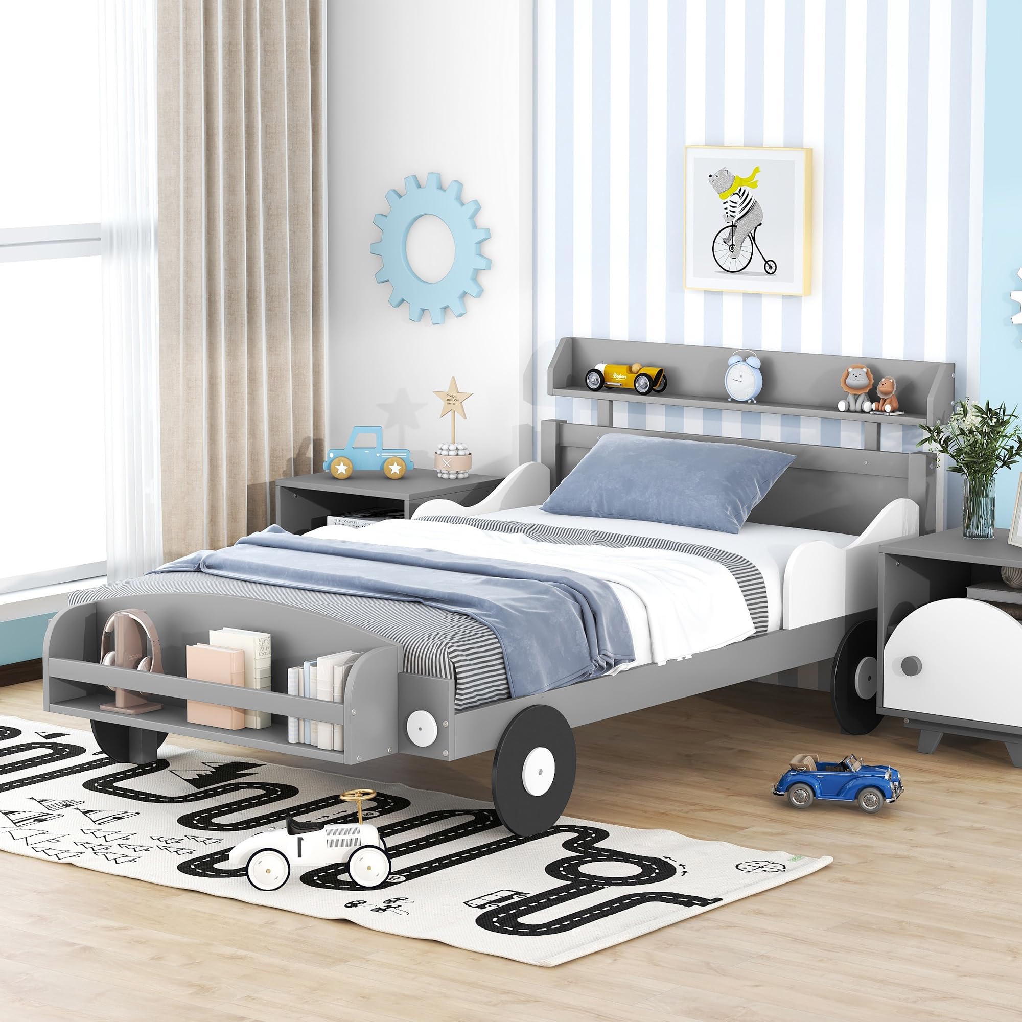 Wooden Twin Size Race Car Bed Frame with Storage Headboard & Footboard - Playhouse Bed for Kids, Boys & Girls in Gray | Perfect for Children's Bedroom, Playroom & Themed Decor