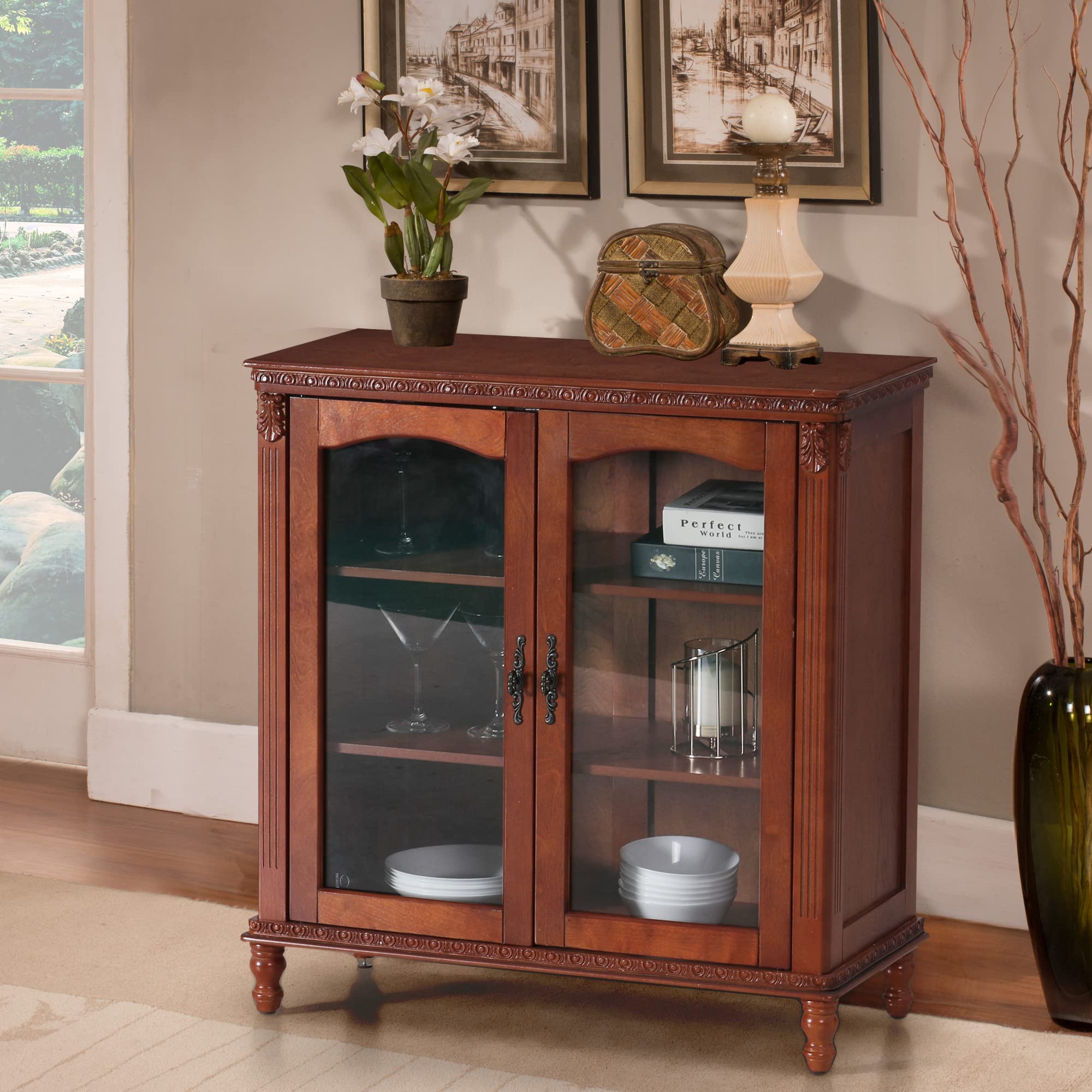 Sophia & William Sideboard Buffet Cabinet - Wood Accent Storage Cabinet with Glass Double Doors & Adjustable Shelves for Kitchen, Living Room, Dining Room, Office - Perfect for Displaying China, Storing Linens, or as a Stylish Home Bar