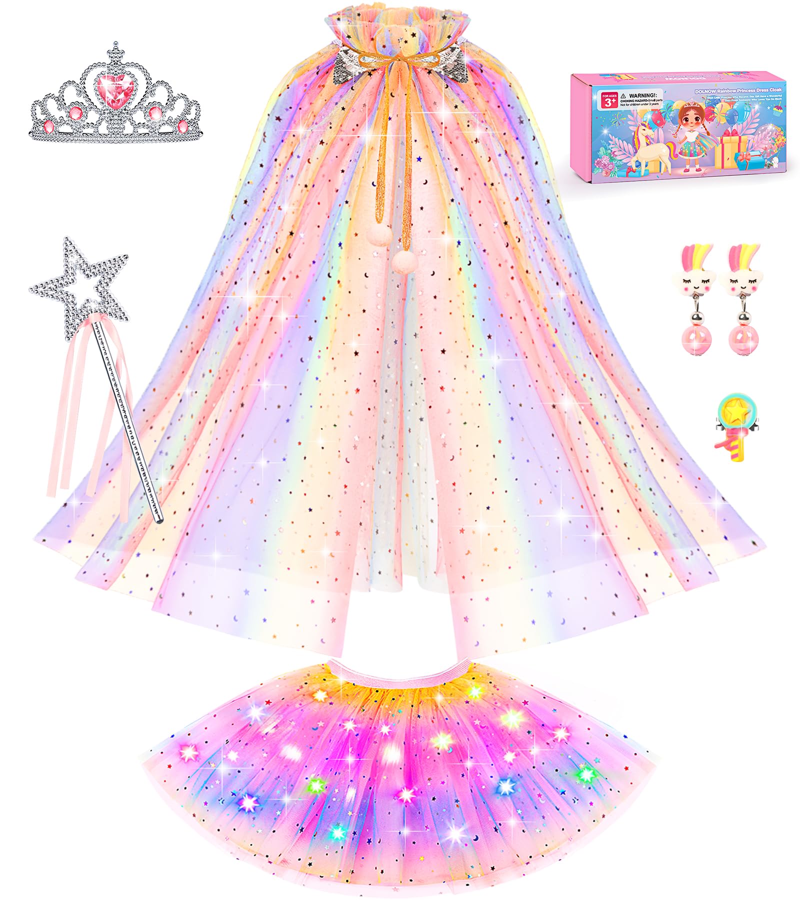 Glow in the Dark Princess Dress Up Costume Set for Girls Age 3-6 - Sparkling Cape, Tiara & Accessories for Birthday Parties, Halloween & Pretend Play