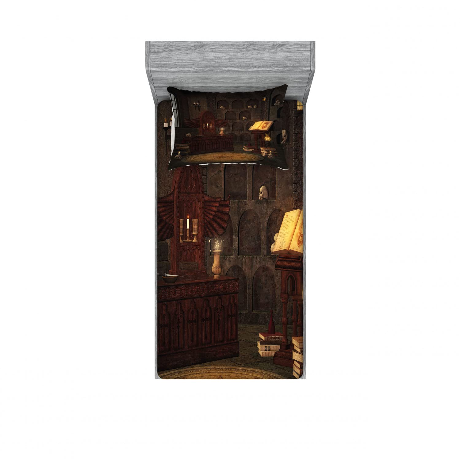 Ambesonne Gothic 2-Piece Twin XL Bedding Set - Skull & Magician Print Fitted Sheets & Pillow Shams (Brunette Brown) | Dark Fantasy Home Decor for Halloween, Gothic Bedroom, or Themed Party