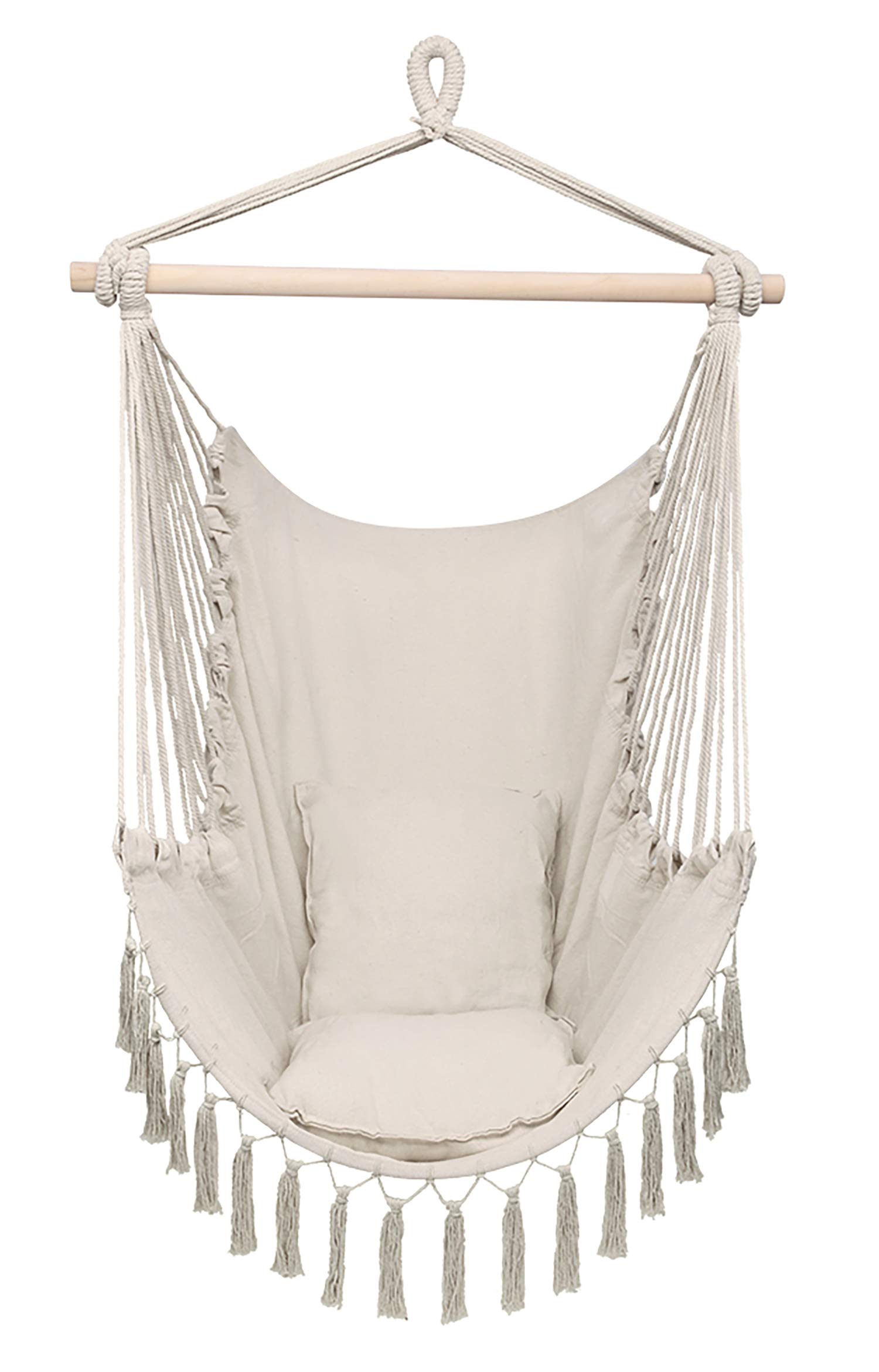 Comfortable Hammock Chair with Tassel & Pillow - Indoor/Outdoor Hanging Swing Chair for Adults & Kids - Perfect for Bedroom, Garden, Camping & Relaxation - 4 Color Options (Beige)