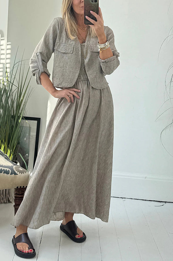 Stylish Solid Color Casual Short Jacket with Suspenders & Pleated Maxi Dress Set for Women | Perfect for Spring Outfits, Date Nights & Office Wear
