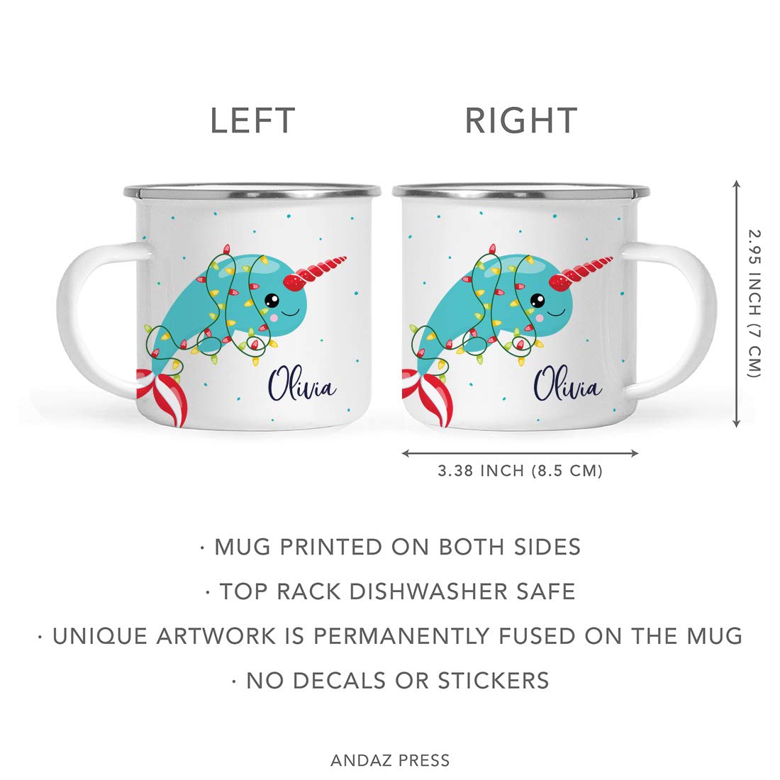 **Personalized Kids Christmas Hot Chocolate Mug - 11oz Stainless Steel Campfire Coffee Cup with Narwhal Design - Custom Name for Child's Birthday & Holiday Gift - Perfect for Hot Cocoa, Camping & Festive Celebrations**