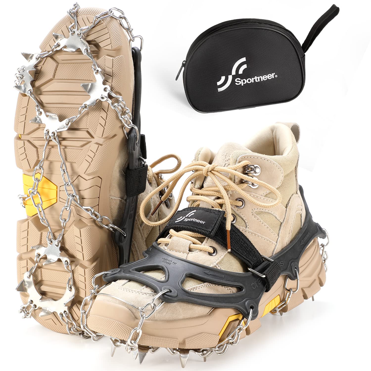 Sportneer Crampons - 19 Stainless Steel Spikes Ice & Snow Traction Cleats for Boots & Shoes - Non-Slip Grips for Hiking, Jogging, Climbing, Fishing - Perfect for Winter Outdoor Adventures on Icy Trails & Snowy Terrains
