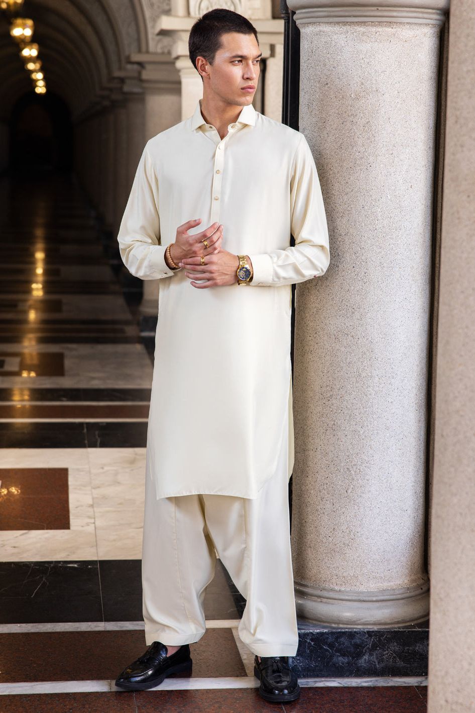Stylish Blended Cream Shalwar Kameez by Wasim Akram | Premium Pakistani Traditional Outfit by Almirah | Perfect for Weddings, Festivals & Special Occasions
